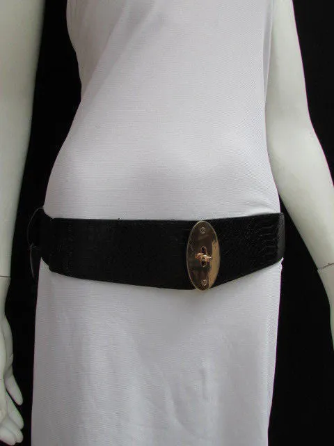 Brown Black Faux Leather Waist Hip Elastic Belt Big Gold Oval Buckle XS-M