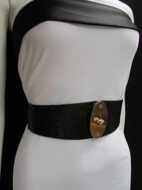 Brown Black Faux Leather Waist Hip Elastic Belt Big Gold Oval Buckle XS-M