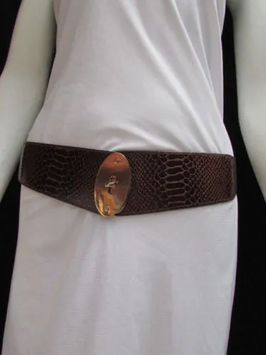 Brown Black Faux Leather Waist Hip Elastic Belt Big Gold Oval Buckle XS-M