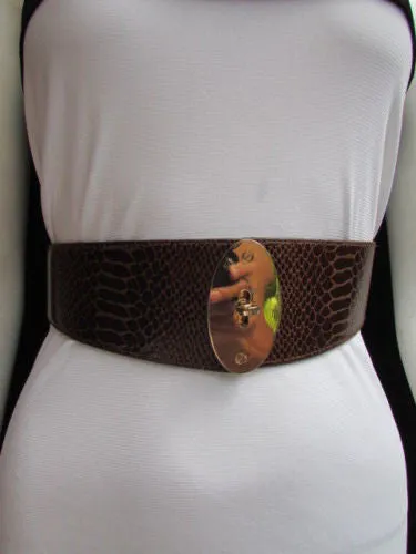 Brown Black Faux Leather Waist Hip Elastic Belt Big Gold Oval Buckle XS-M