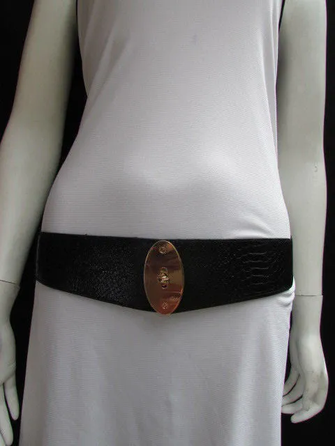 Brown Black Faux Leather Waist Hip Elastic Belt Big Gold Oval Buckle XS-M