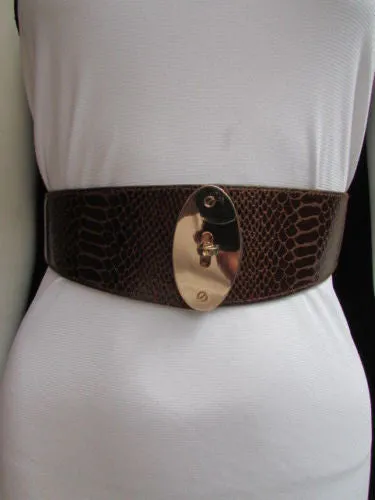 Brown Black Faux Leather Waist Hip Elastic Belt Big Gold Oval Buckle XS-M