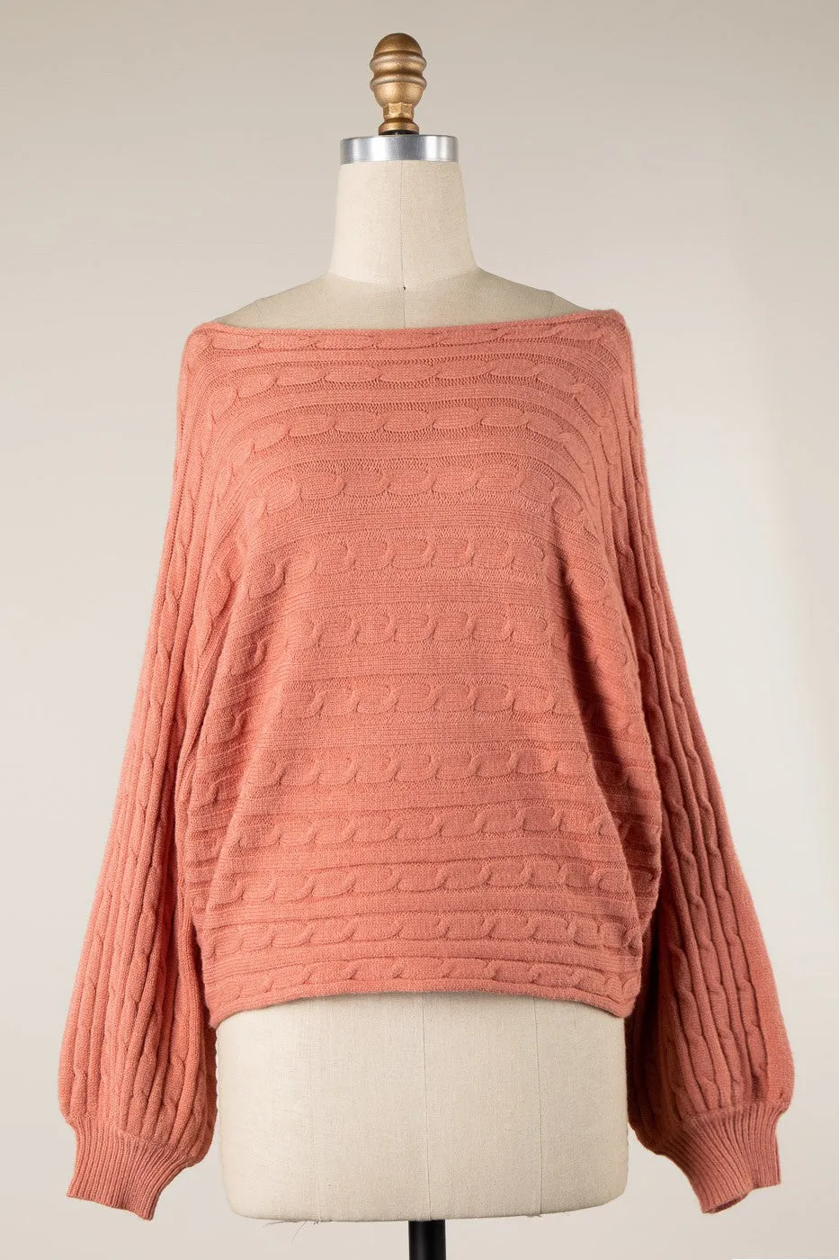 Bubble Sleeve Boat Neck Braid Cable Knit Sweater