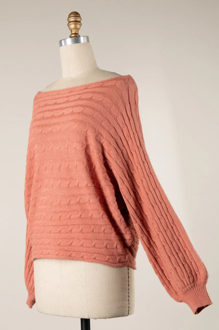 Bubble Sleeve Boat Neck Braid Cable Knit Sweater