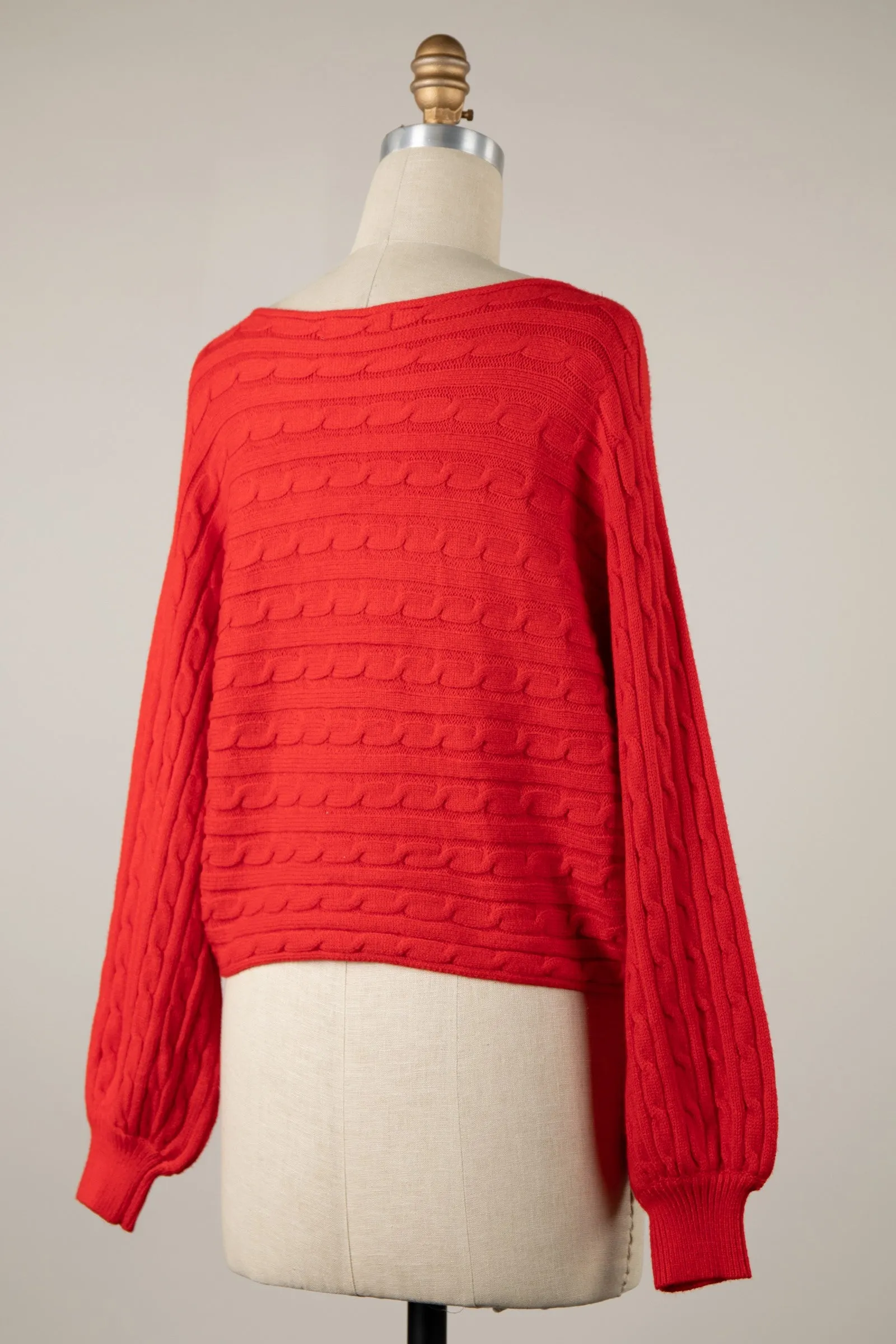 Bubble Sleeve Boat Neck Braid Cable Knit Sweater