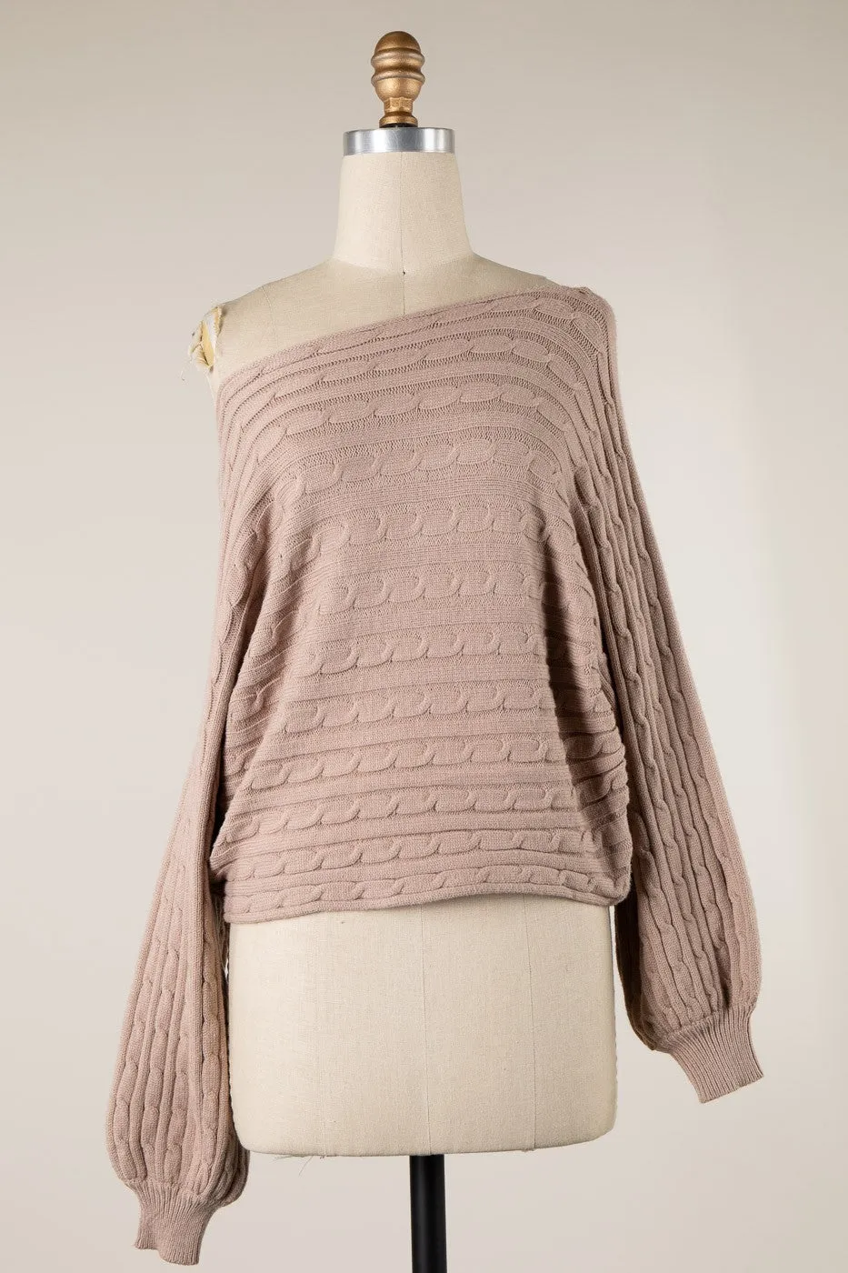 Bubble Sleeve Boat Neck Braid Cable Knit Sweater