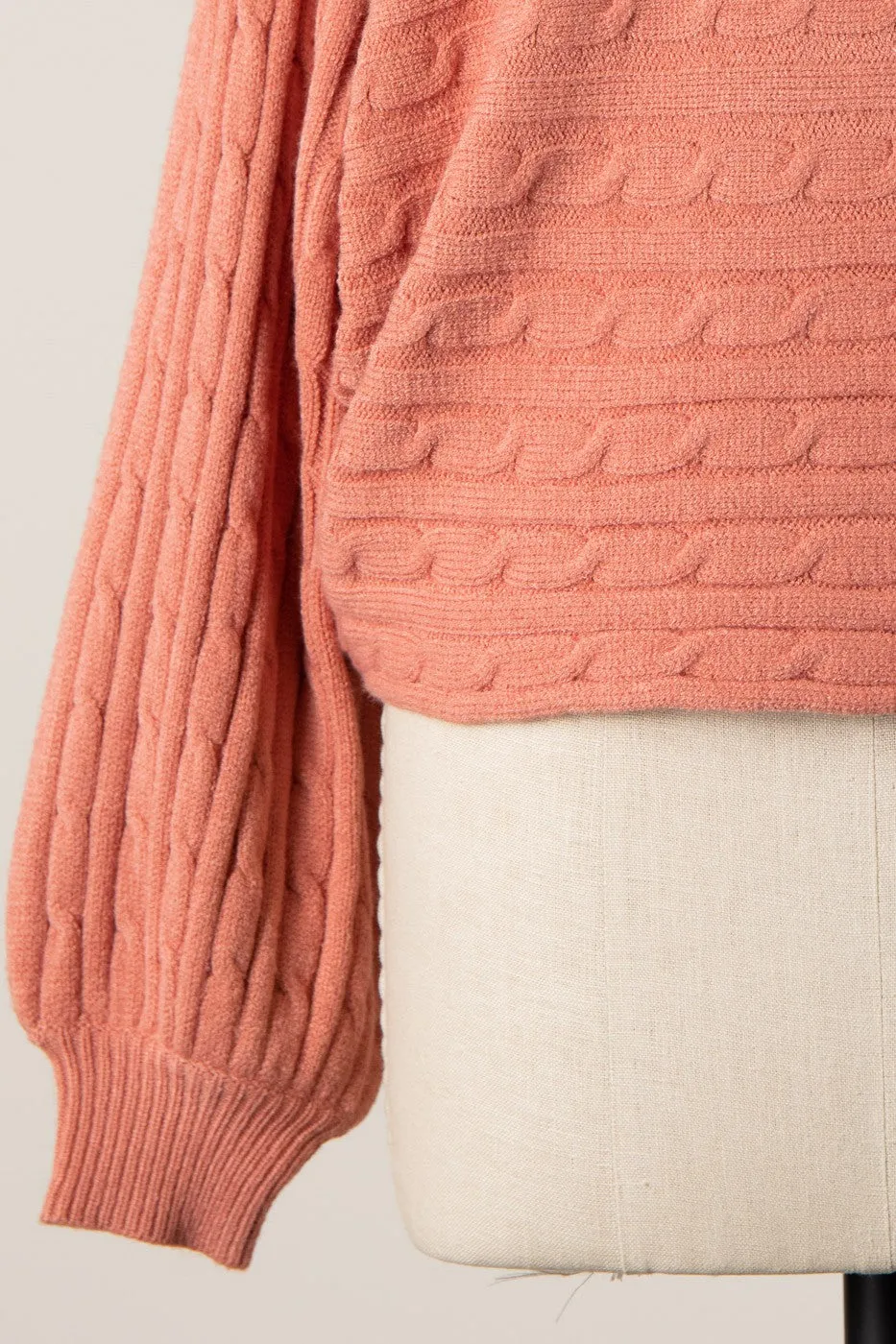 Bubble Sleeve Boat Neck Braid Cable Knit Sweater