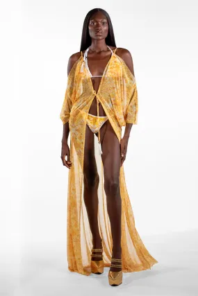 Buda Yellow Batwing Mosaic Print Long Cover-Up