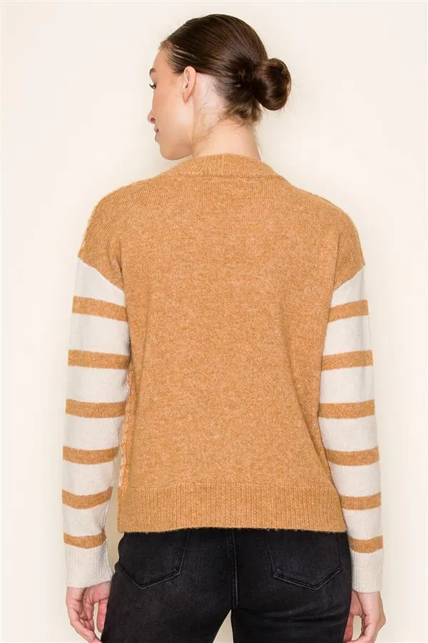 Camel & Cream Stitched Striped Sleeve Sweater - FINAL SALE