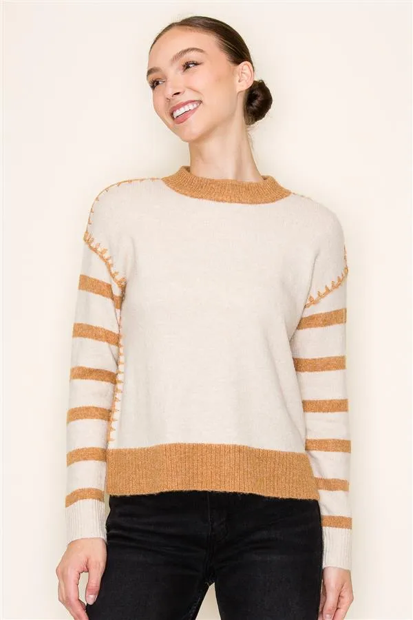 Camel & Cream Stitched Striped Sleeve Sweater - FINAL SALE