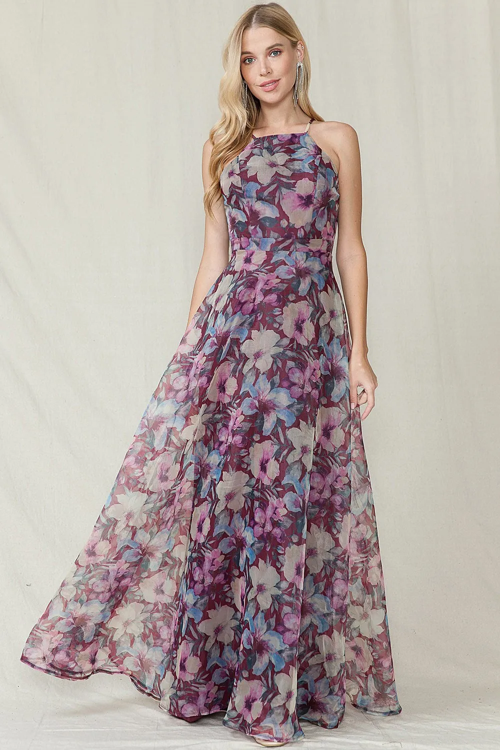 Carmella High Neck Floral Organza Maxi Dress