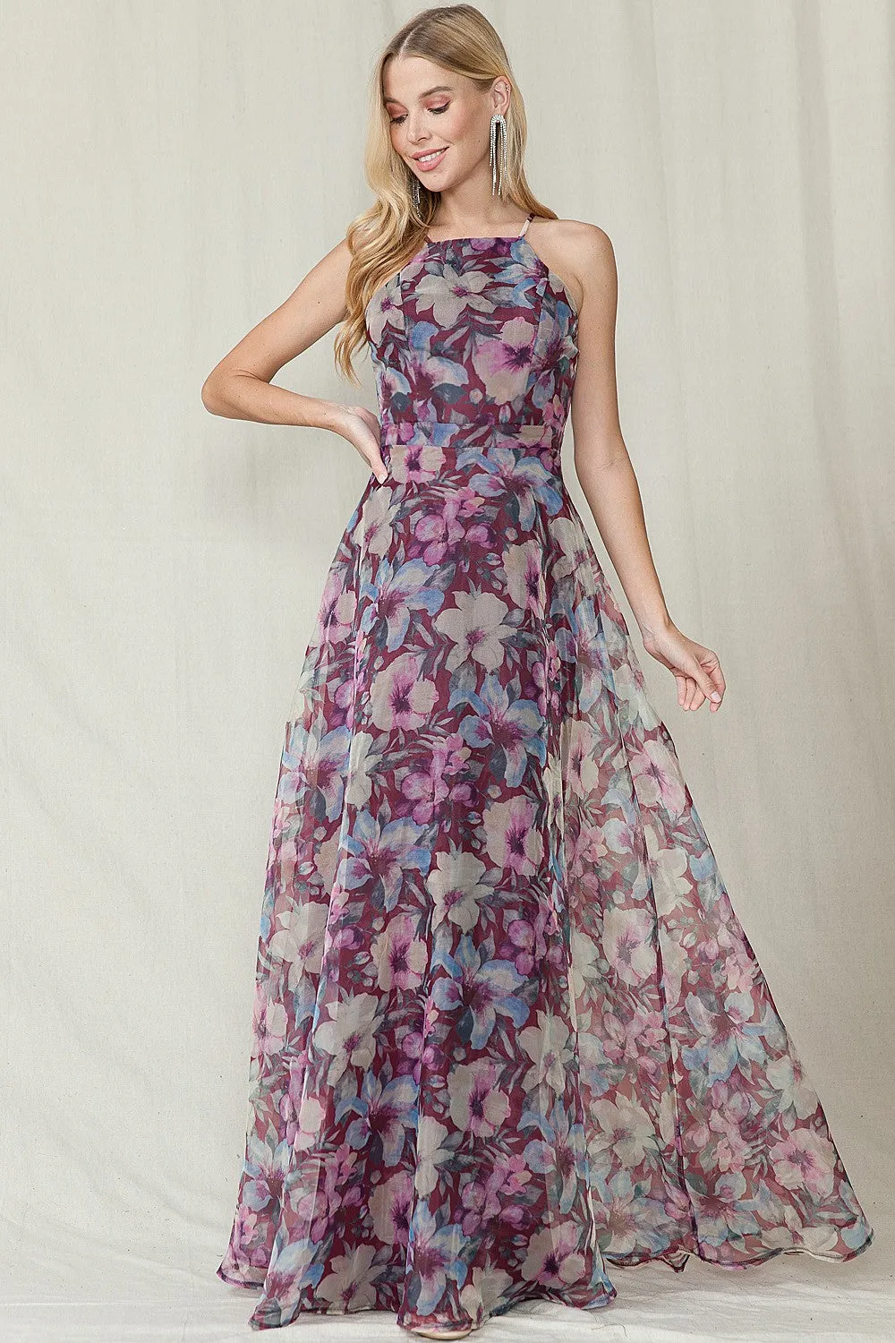 Carmella High Neck Floral Organza Maxi Dress