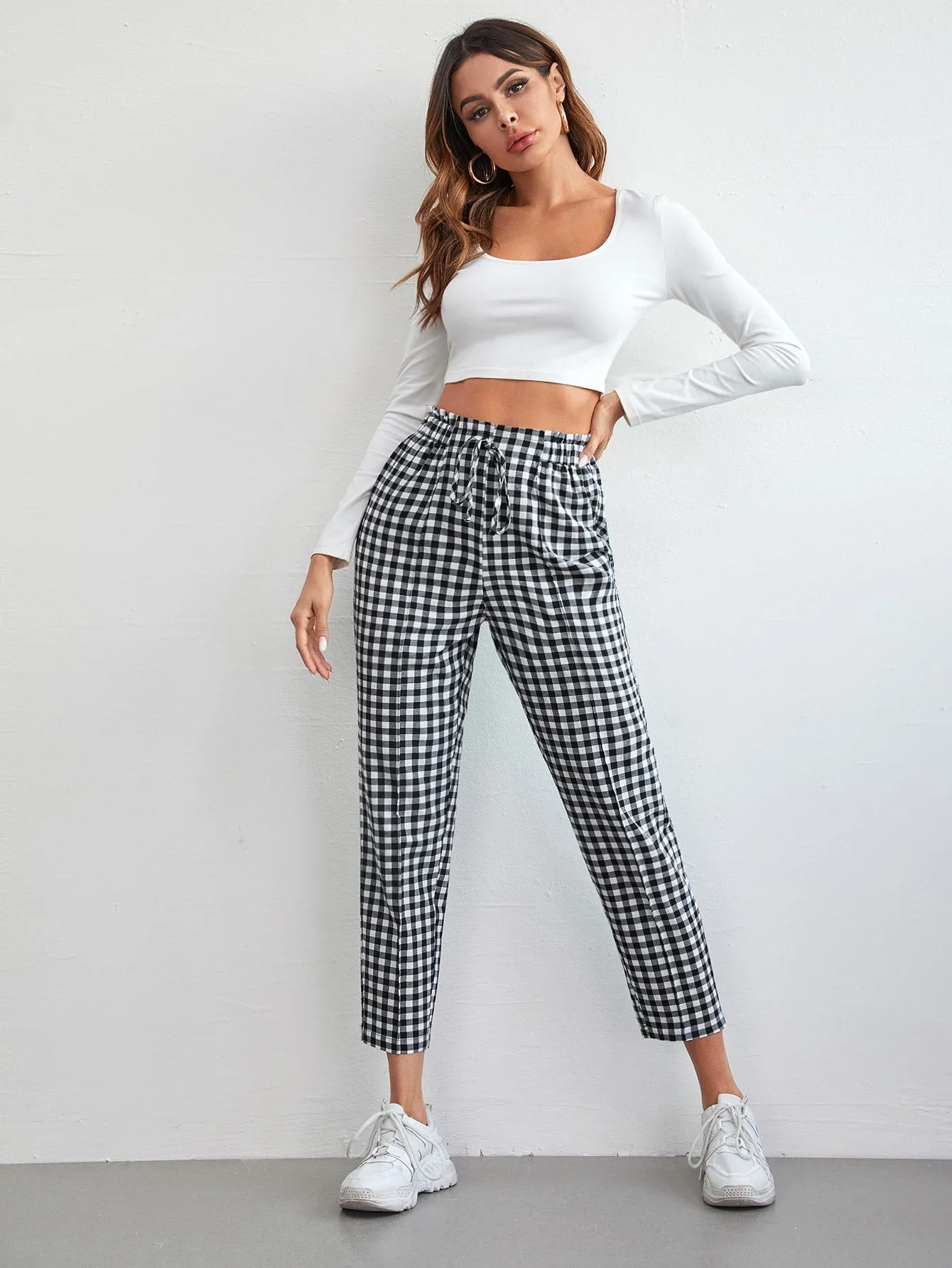 Casual Gingham Knot High Waist Cropped Women Pants