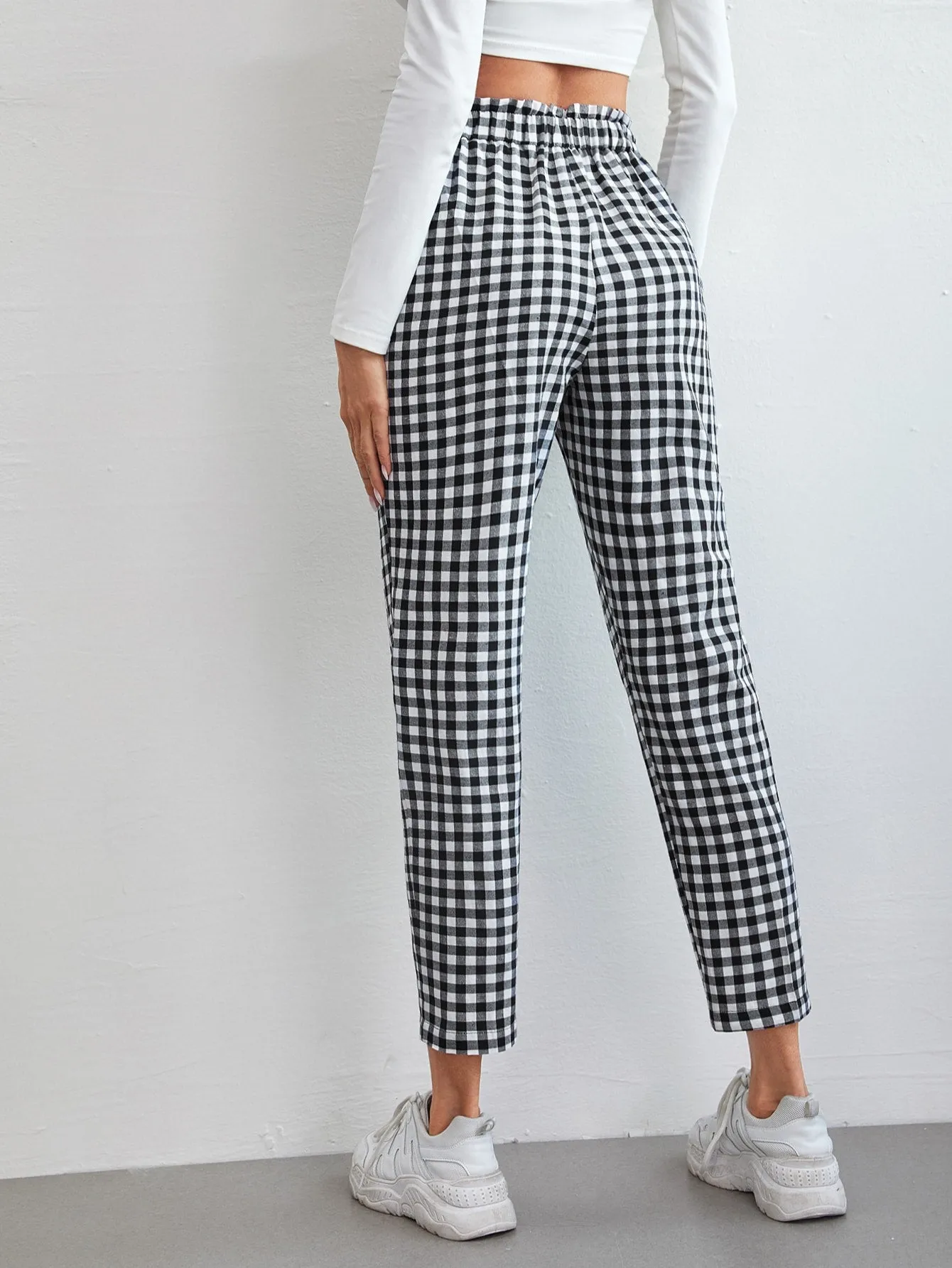 Casual Gingham Knot High Waist Cropped Women Pants