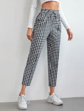 Casual Gingham Knot High Waist Cropped Women Pants