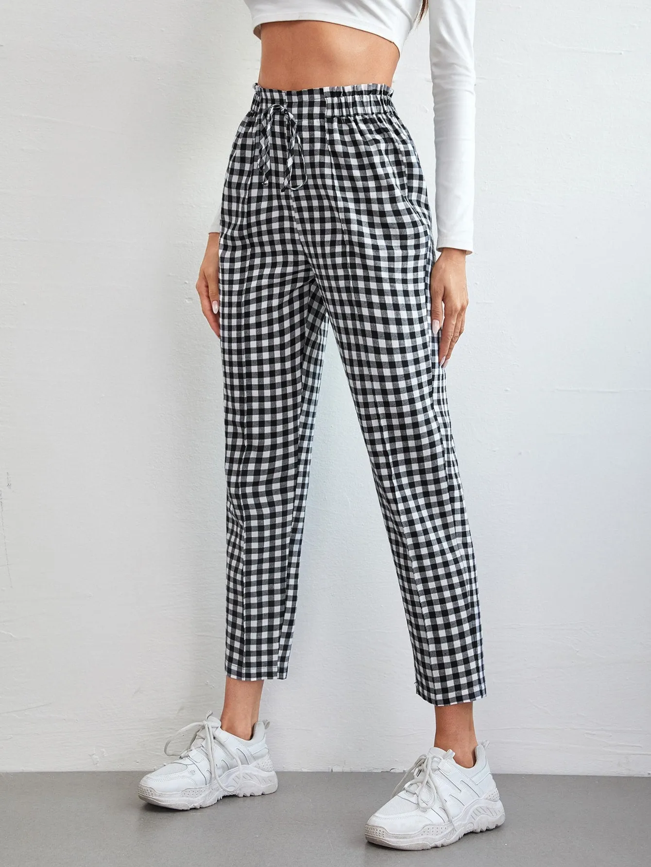 Casual Gingham Knot High Waist Cropped Women Pants