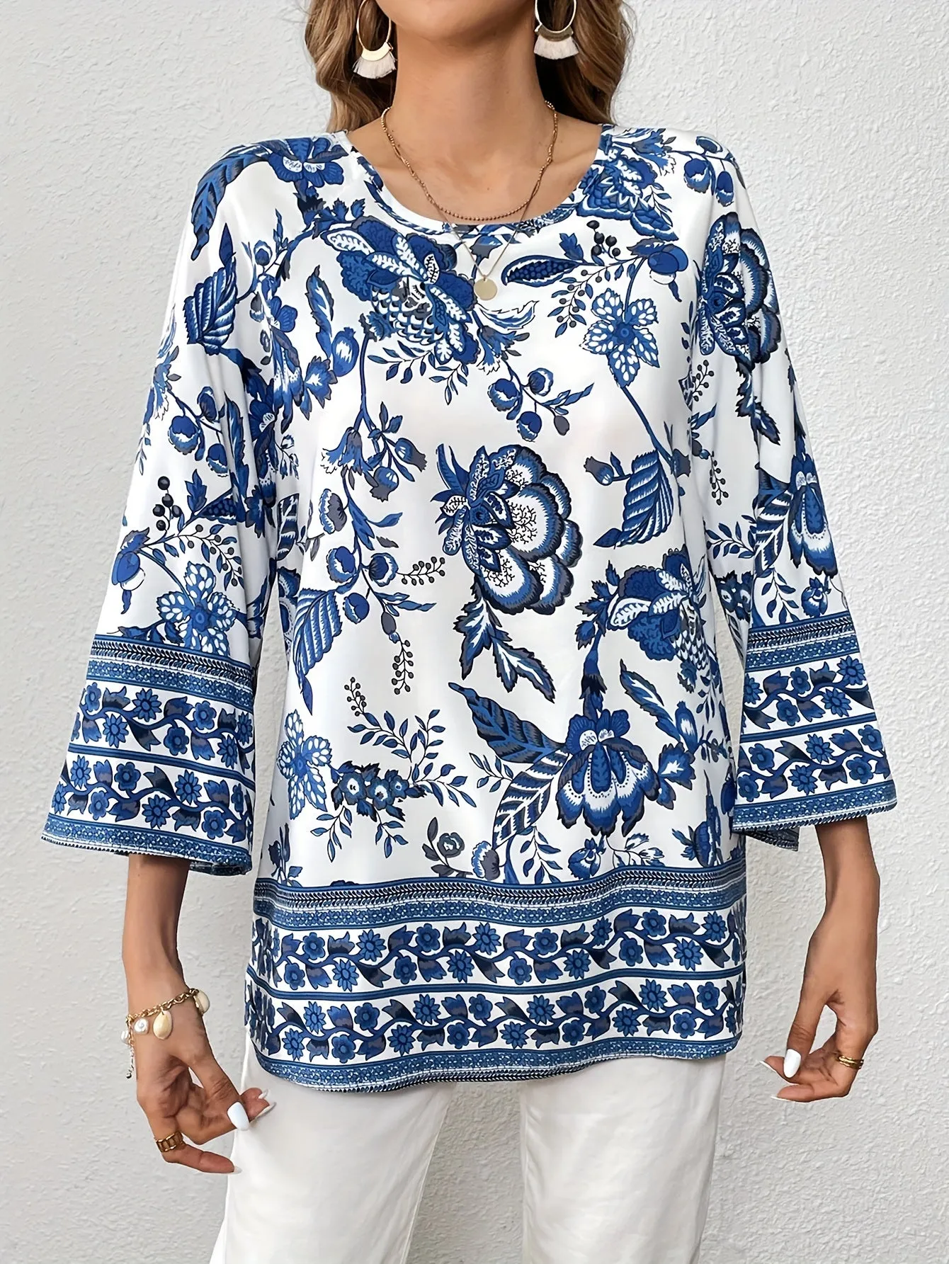 Chic Blue  White Porcelain Print Blouse for Women