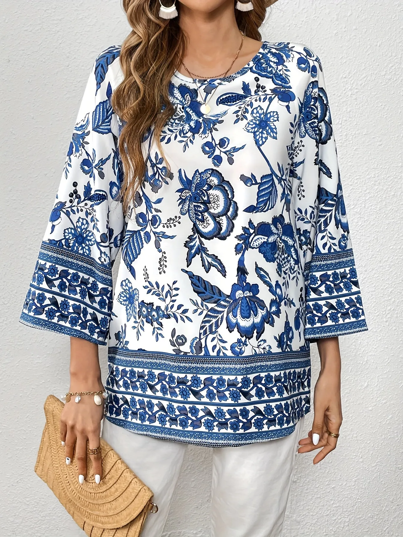 Chic Blue  White Porcelain Print Blouse for Women