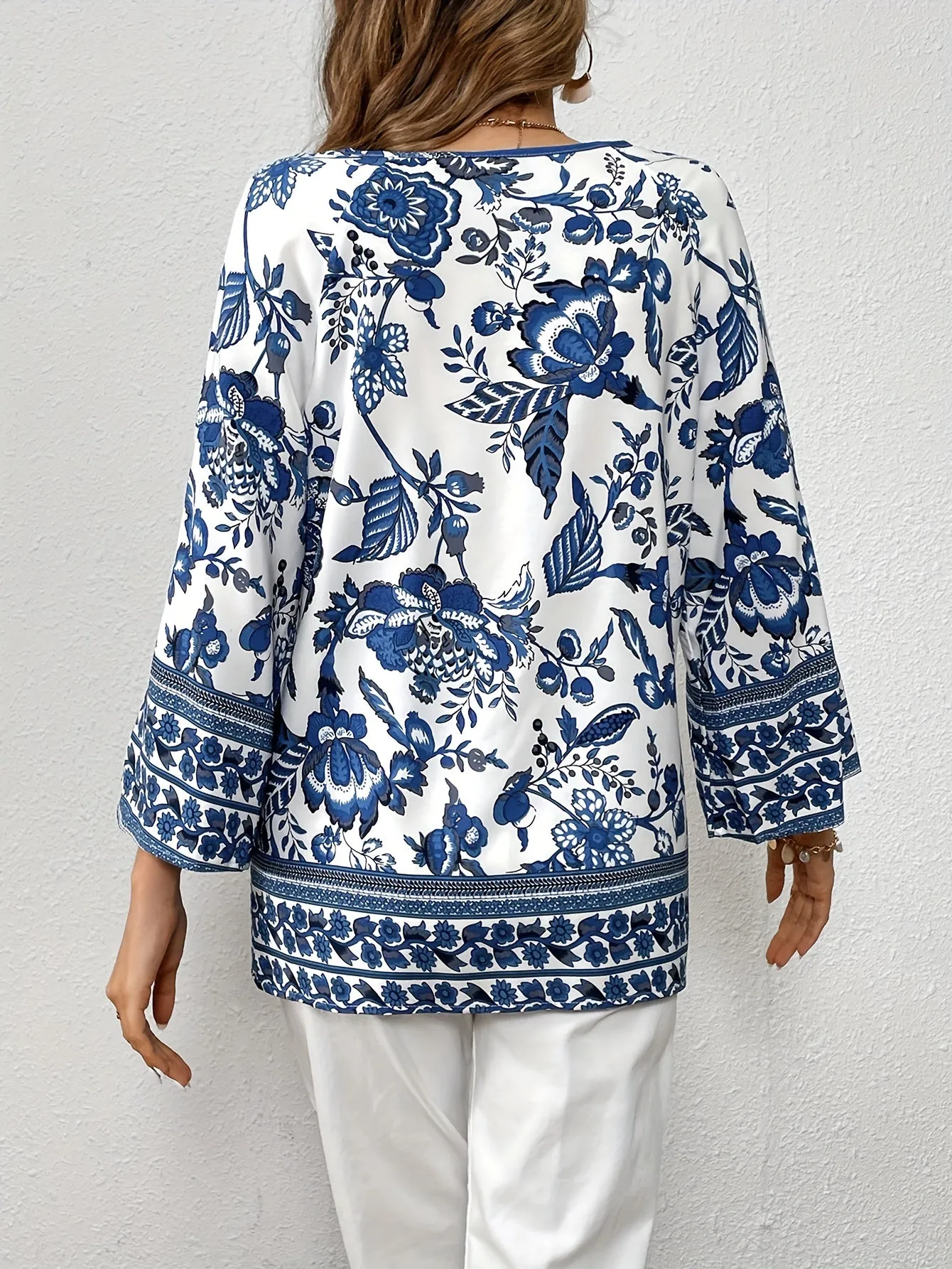 Chic Blue  White Porcelain Print Blouse for Women