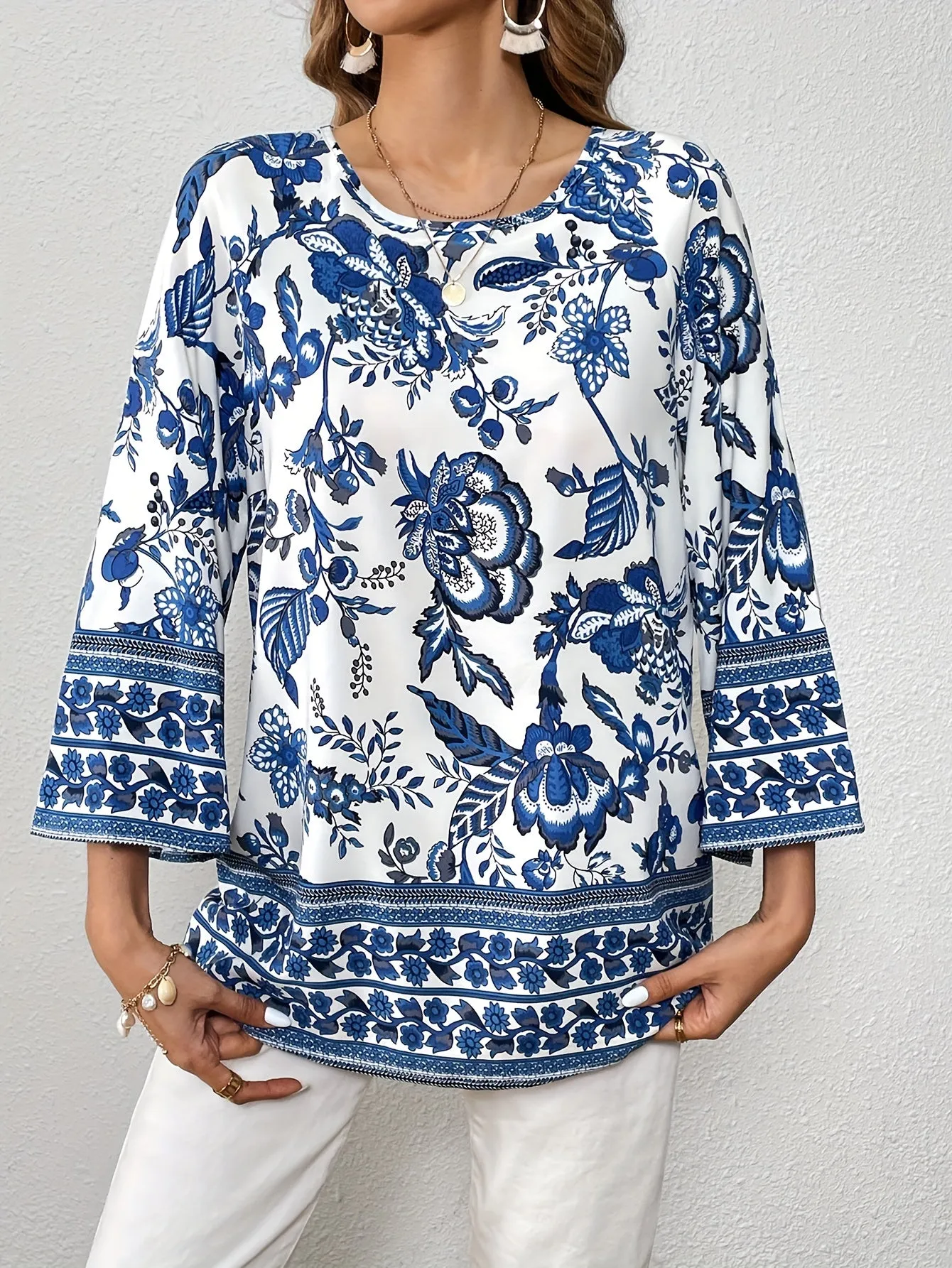 Chic Blue  White Porcelain Print Blouse for Women