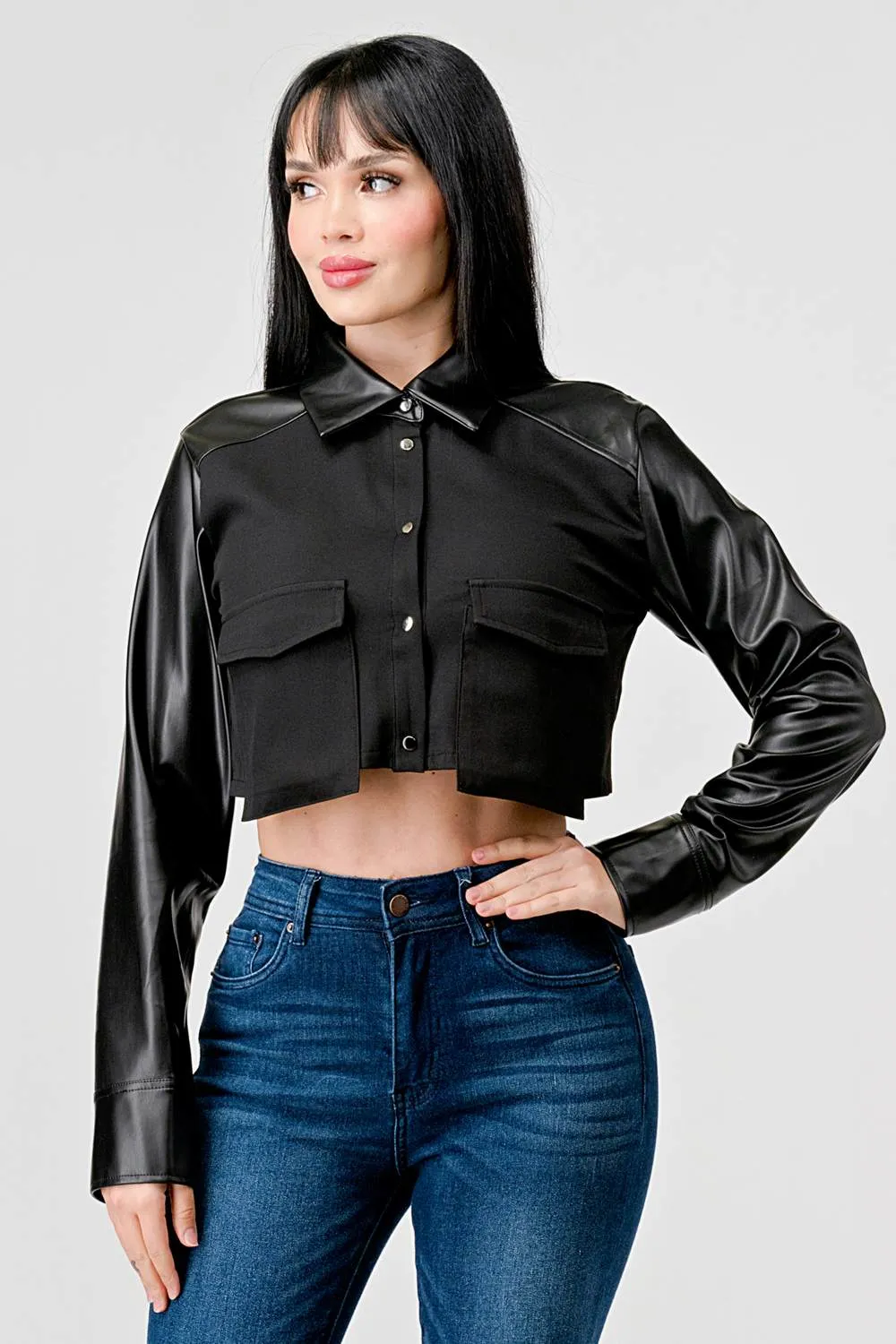 CHIC PU BOLERO STRETCH WOVEN BUTTON DOWN CROP TOP