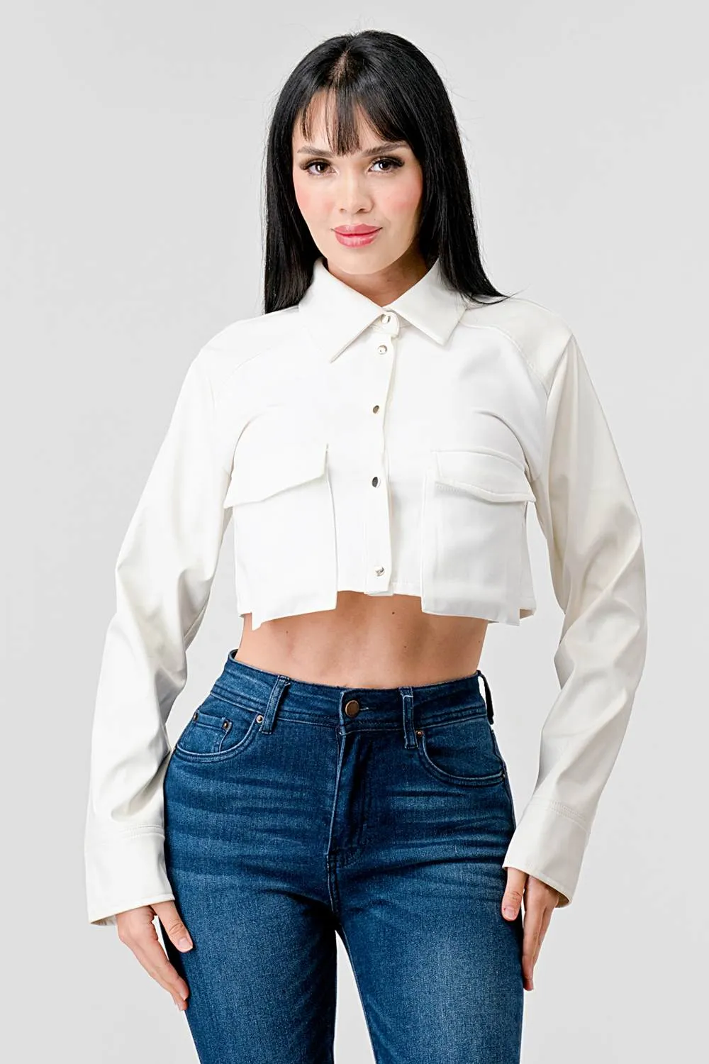 CHIC PU BOLERO STRETCH WOVEN BUTTON DOWN CROP TOP