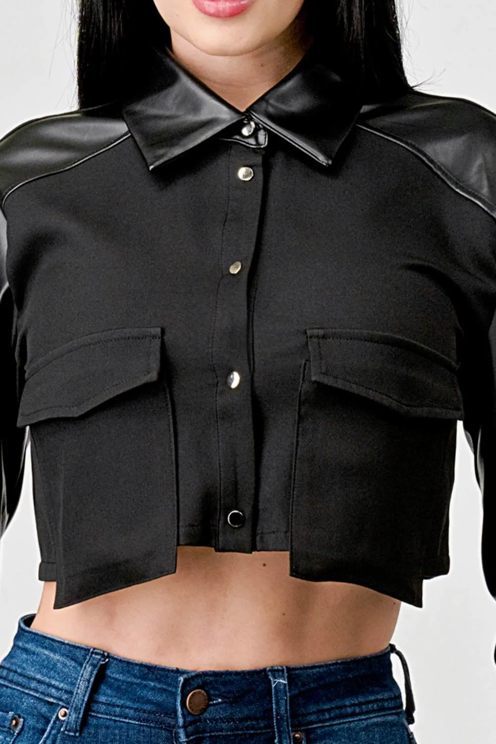 CHIC PU BOLERO STRETCH WOVEN BUTTON DOWN CROP TOP