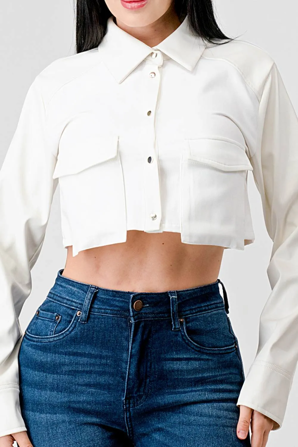 CHIC PU BOLERO STRETCH WOVEN BUTTON DOWN CROP TOP