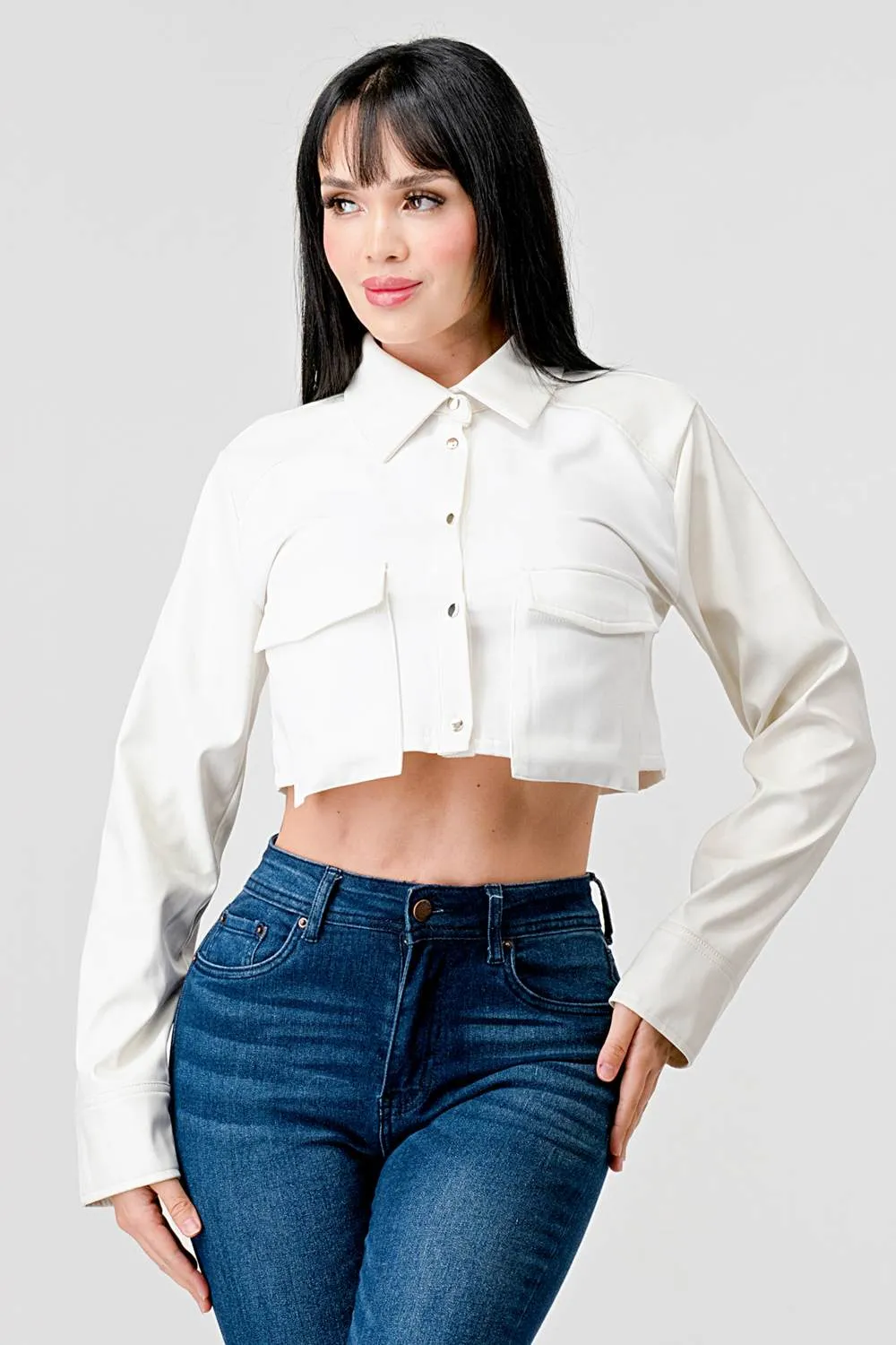 CHIC PU BOLERO STRETCH WOVEN BUTTON DOWN CROP TOP