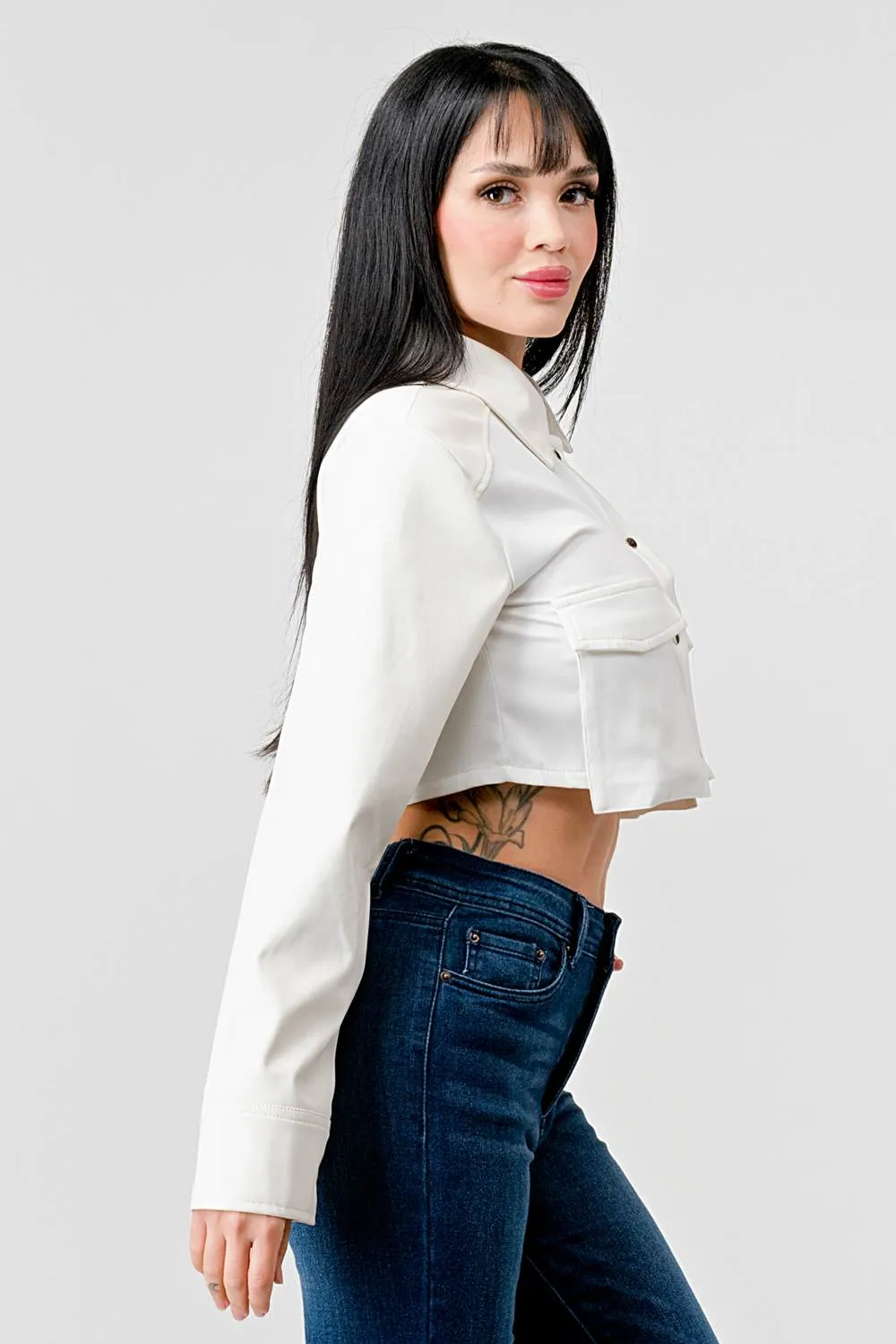 CHIC PU BOLERO STRETCH WOVEN BUTTON DOWN CROP TOP