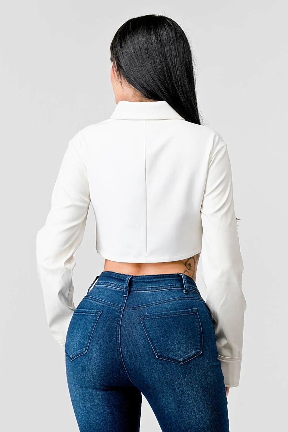 CHIC PU BOLERO STRETCH WOVEN BUTTON DOWN CROP TOP