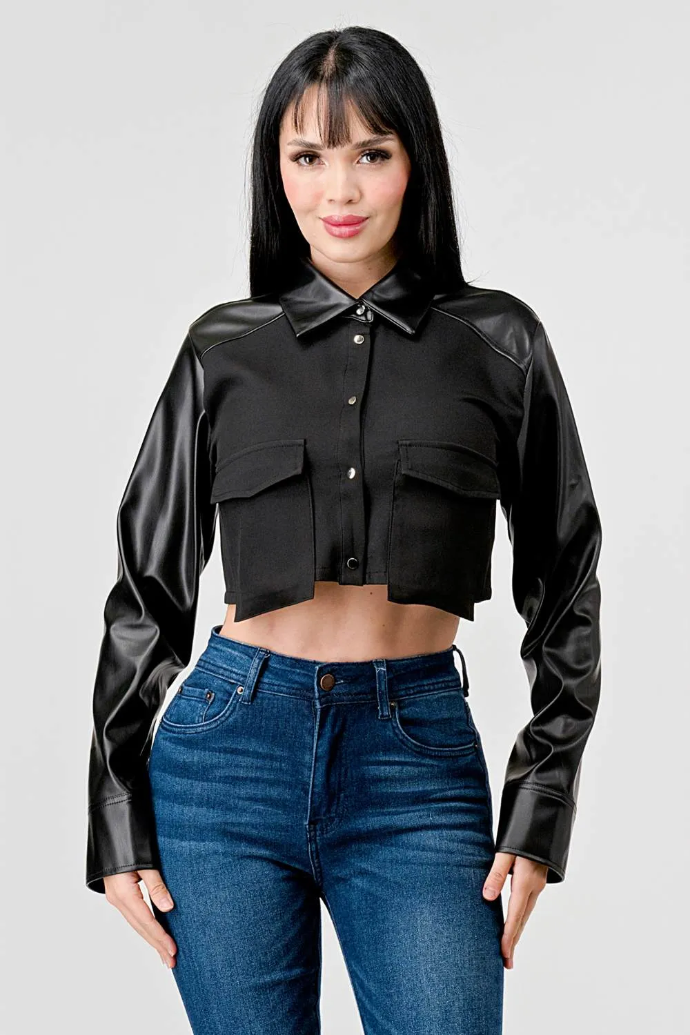 CHIC PU BOLERO STRETCH WOVEN BUTTON DOWN CROP TOP