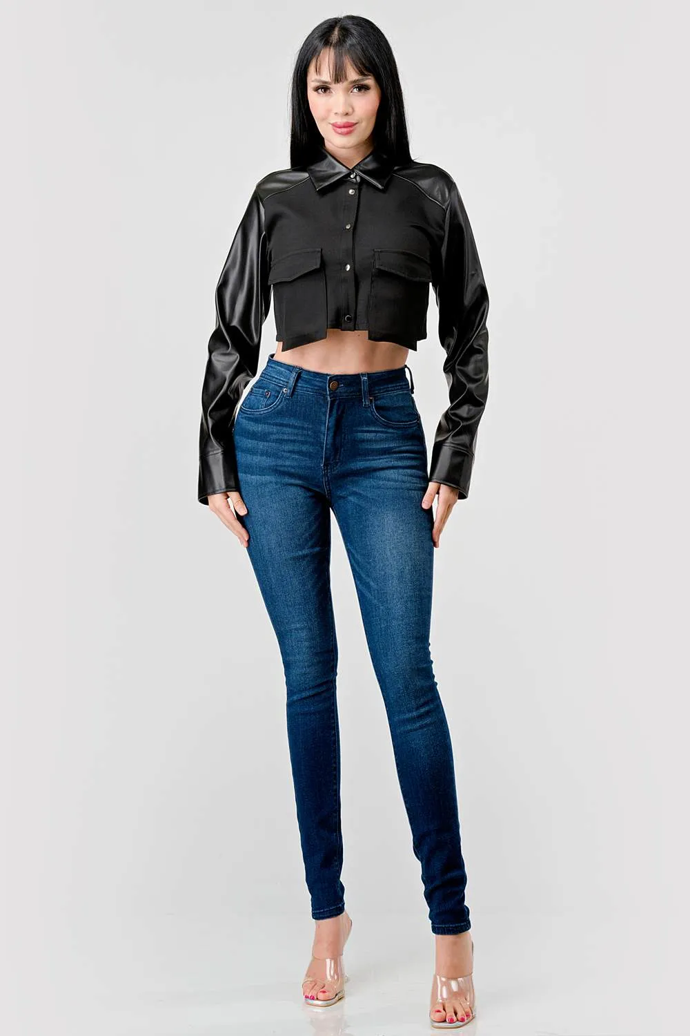 CHIC PU BOLERO STRETCH WOVEN BUTTON DOWN CROP TOP