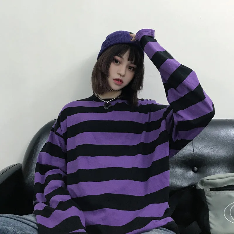 CHIC PURPLE STRIPE LONG-SLEEVE T-SHIRT BY22473