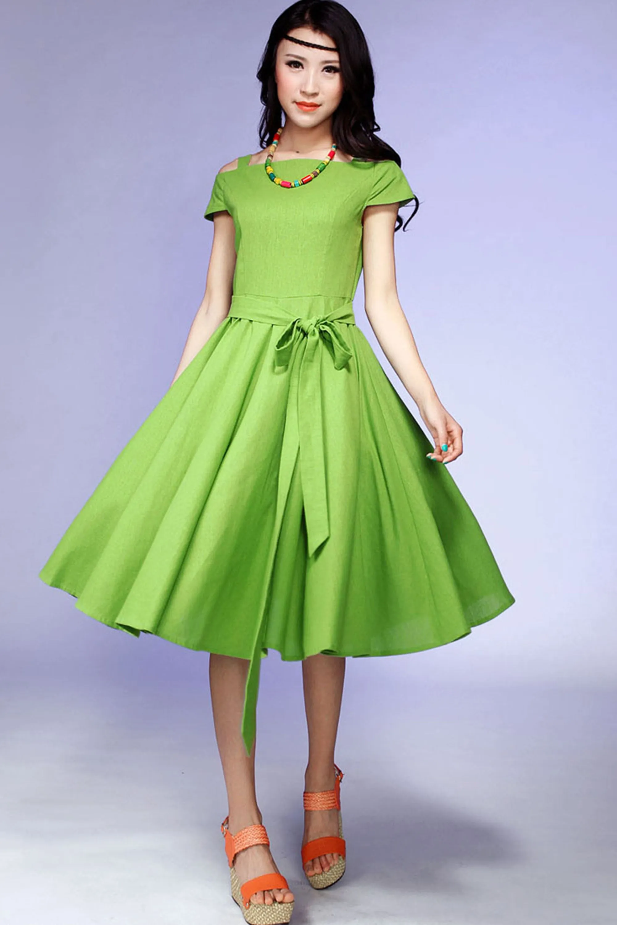 cold shoulder green Prom dress linen dress 0541#