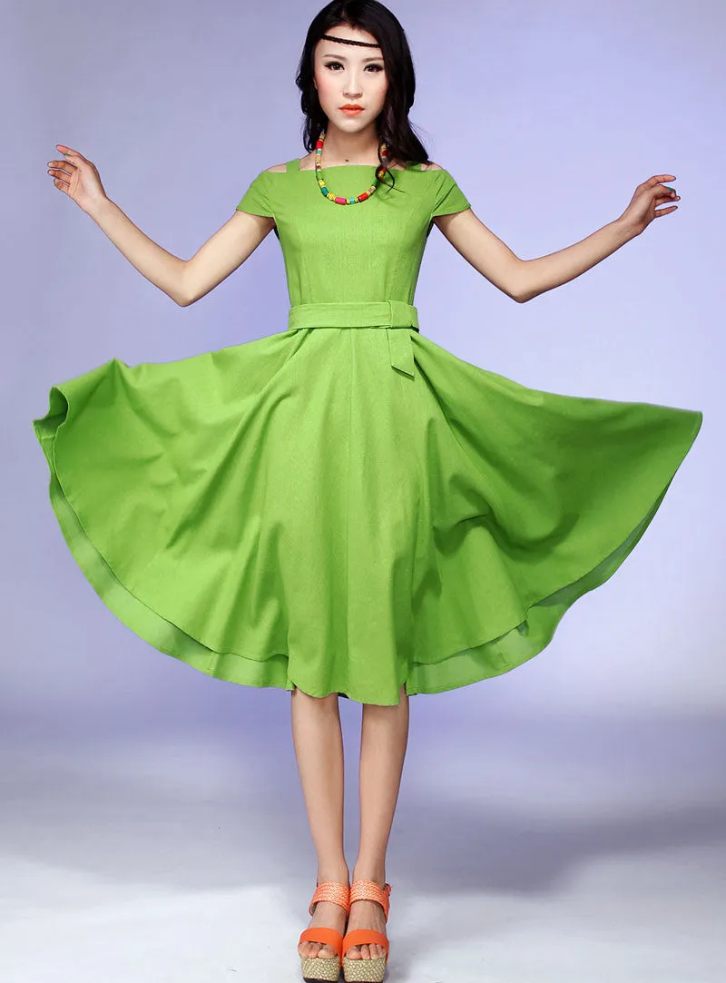 cold shoulder green Prom dress linen dress 0541#