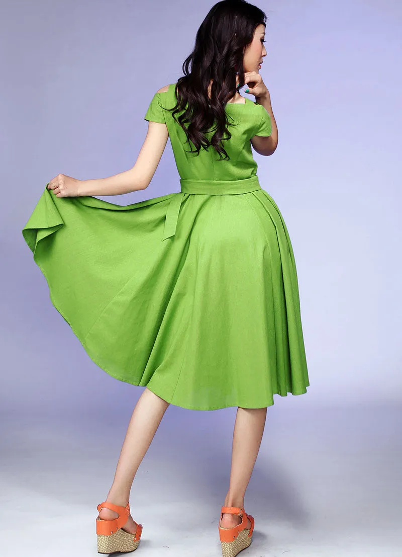 cold shoulder green Prom dress linen dress 0541#