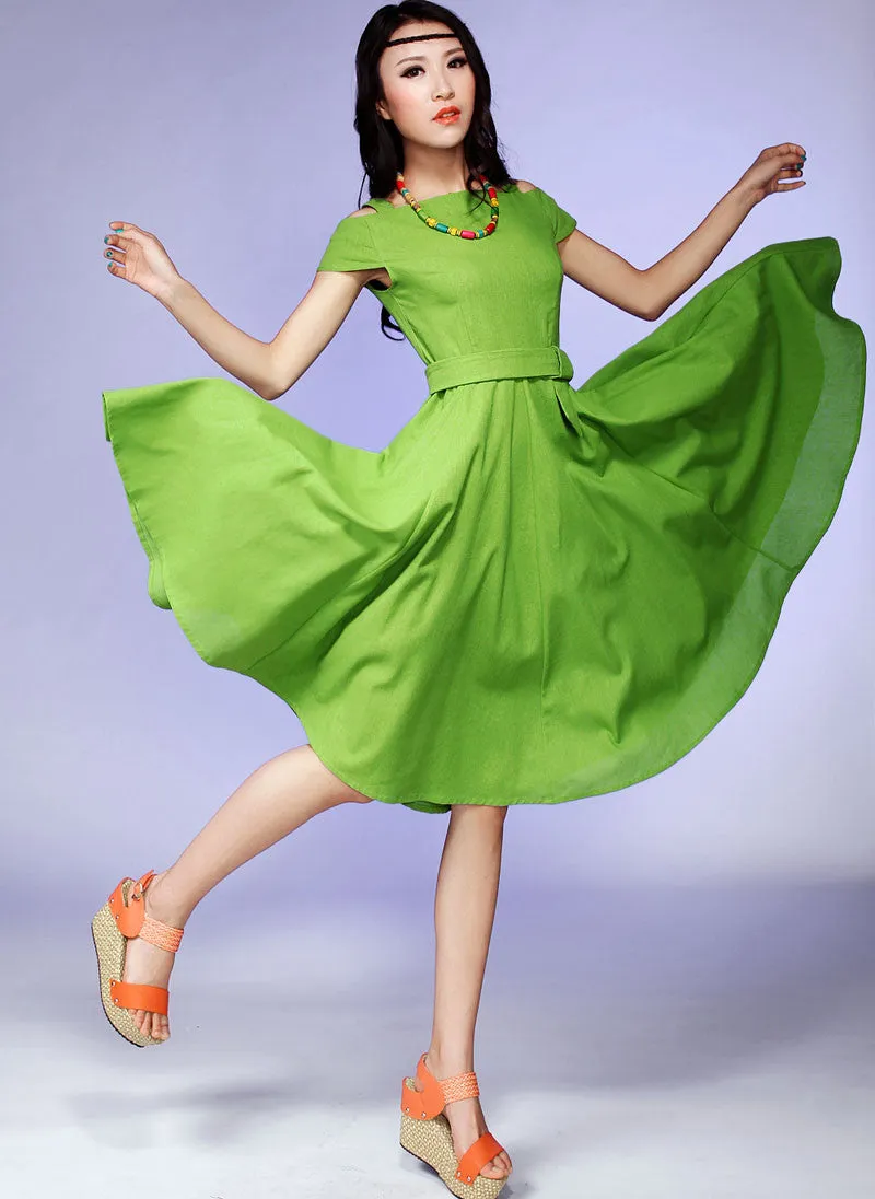 cold shoulder green Prom dress linen dress 0541#