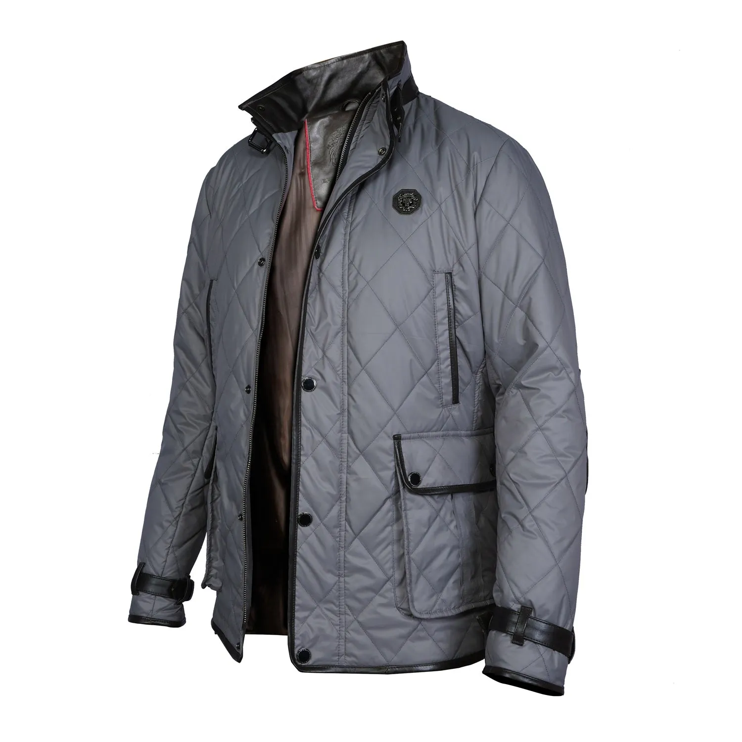 Contrasting Leather Trims Grey Puffer Coat Jacket For Men