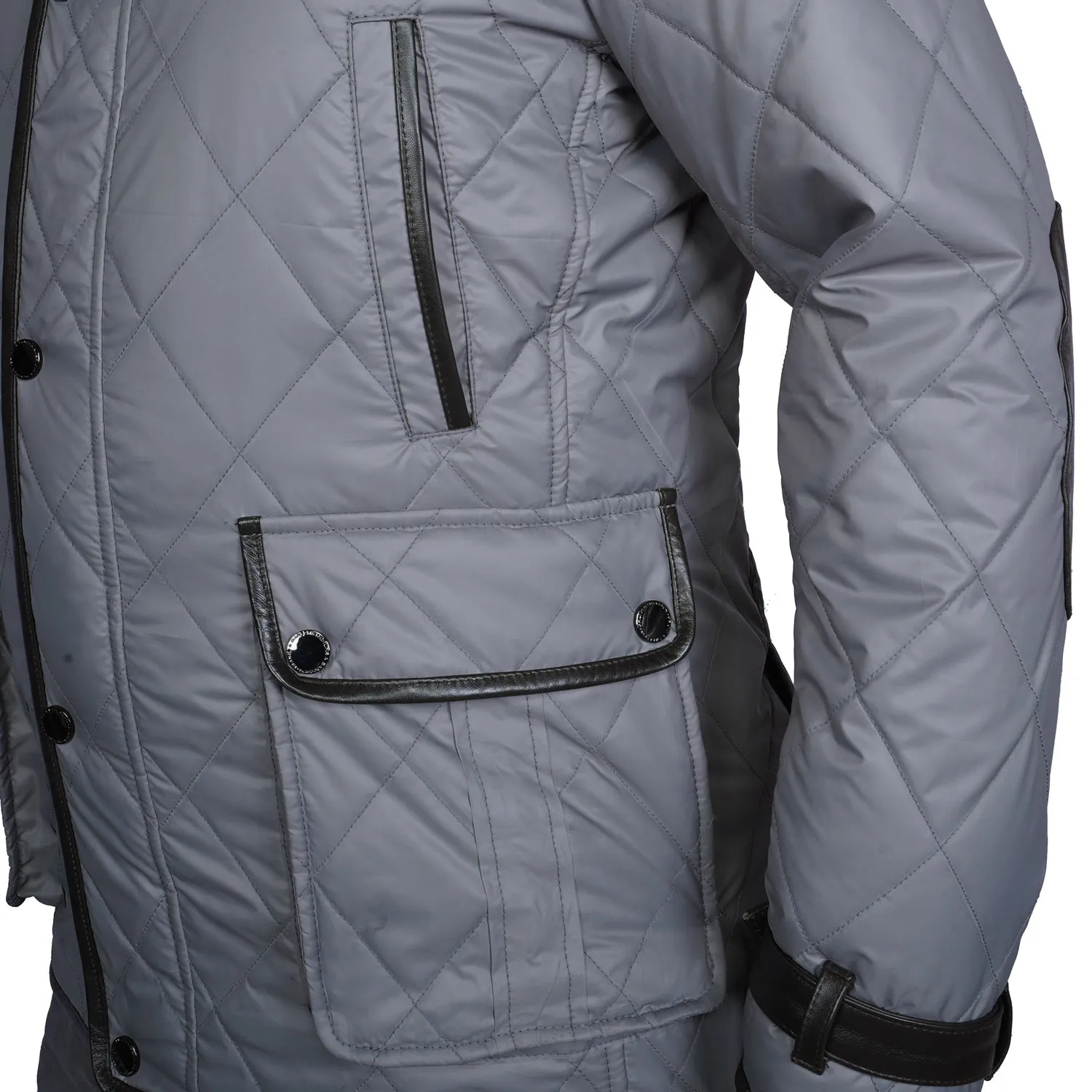 Contrasting Leather Trims Grey Puffer Coat Jacket For Men