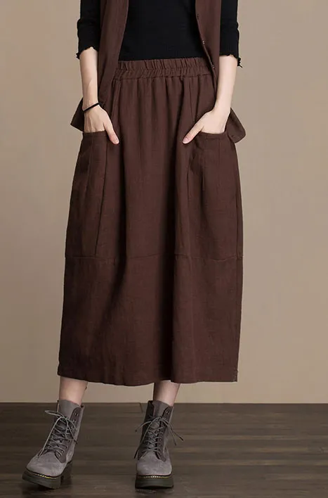 Cotton and linen skirt midi skirt Lantern skirt autumn skirt  J084-2