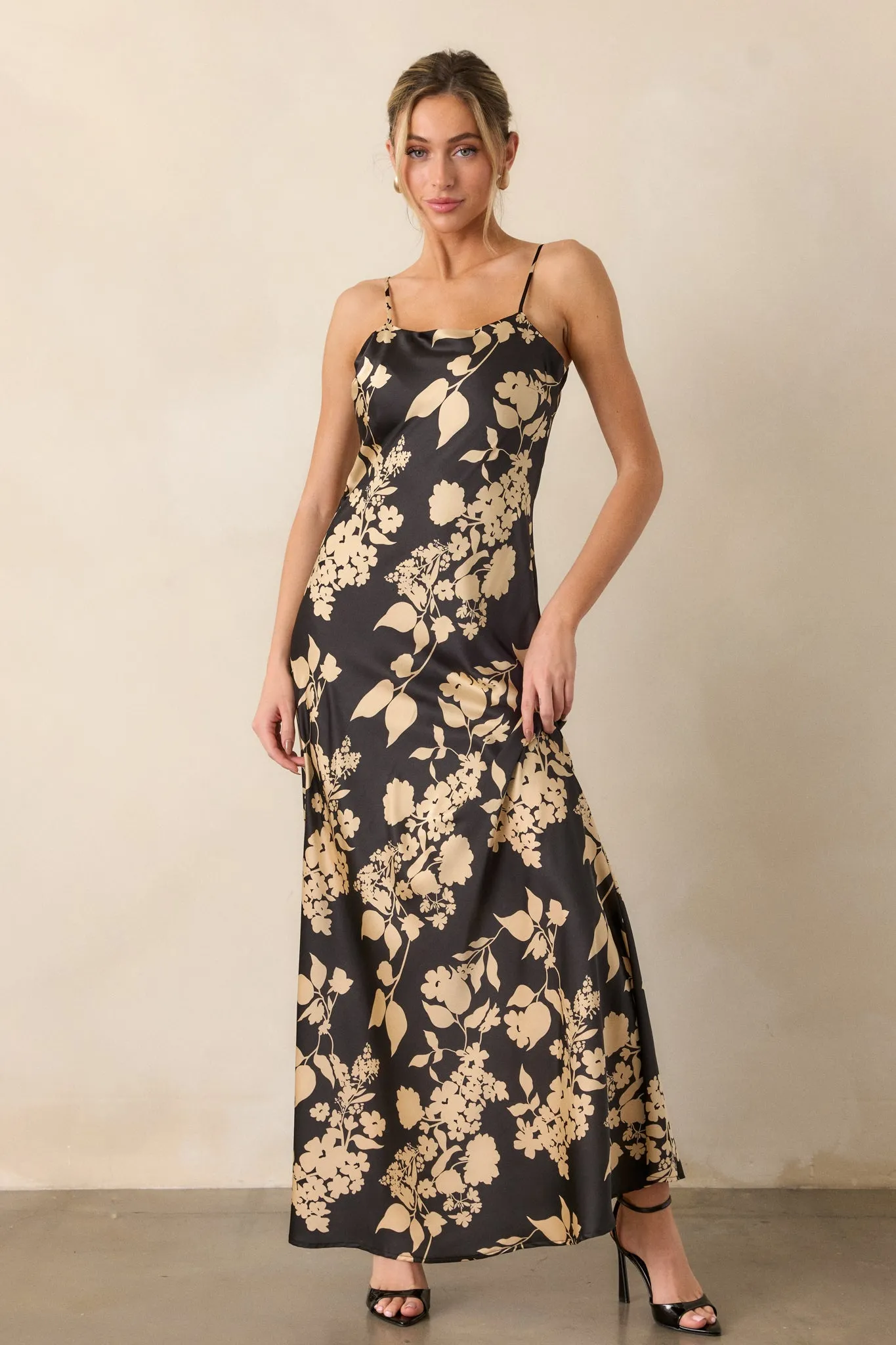 Crescent Glow Black Floral Satin Maxi Dress