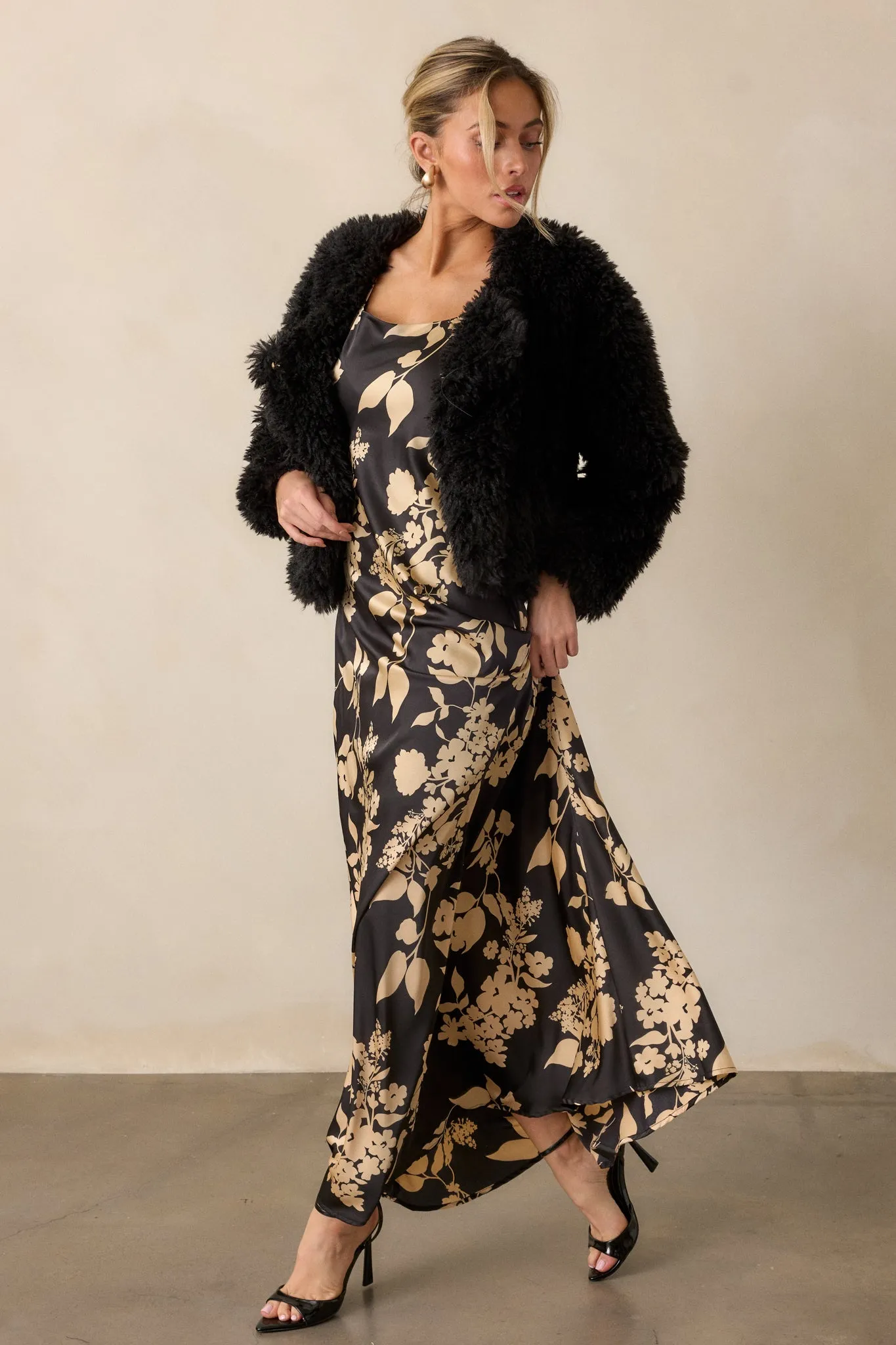 Crescent Glow Black Floral Satin Maxi Dress