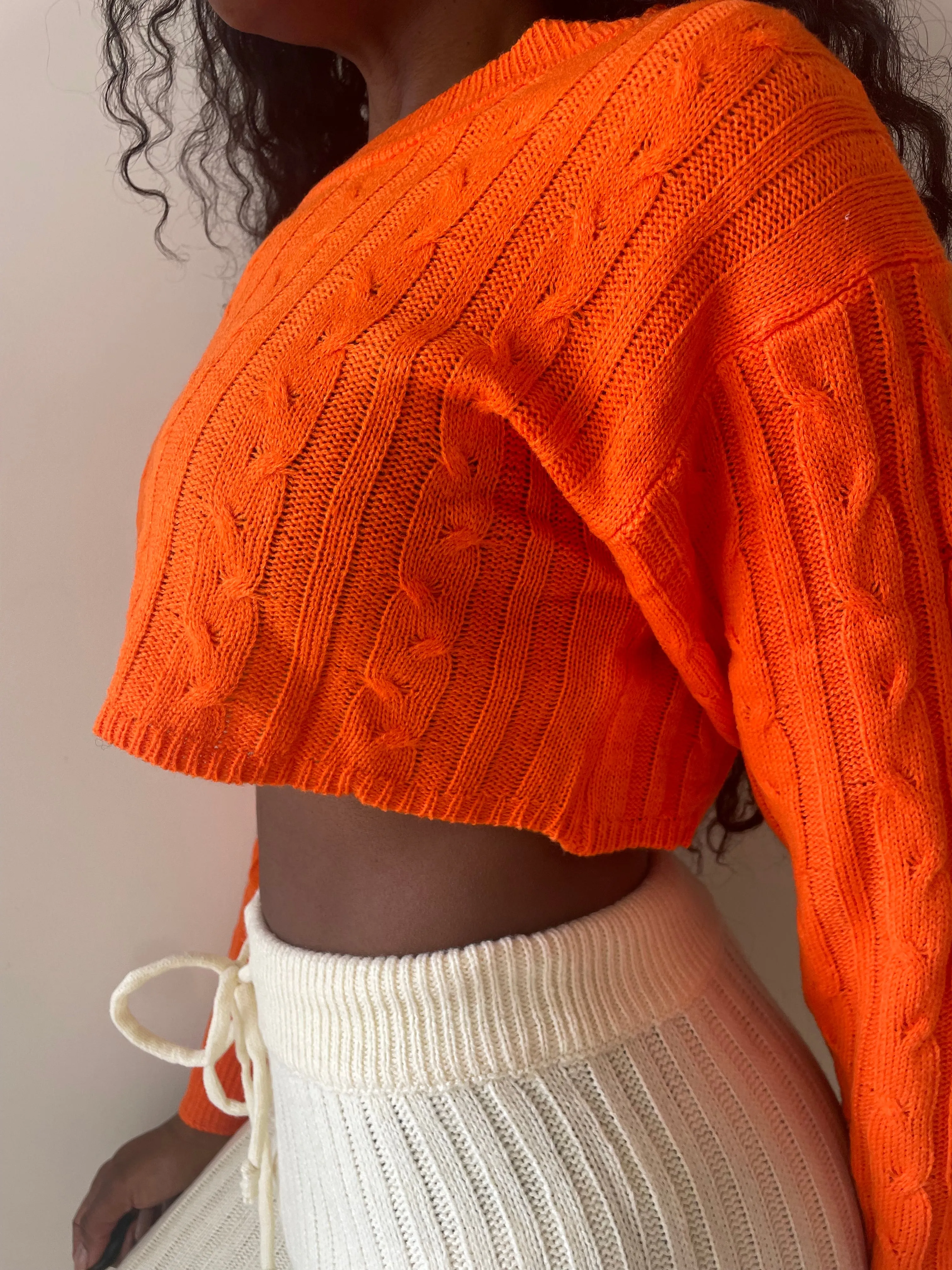 Cropped Long Sleeve Sweater | Homebody Cableknit Crop Sweater Hot Carrot