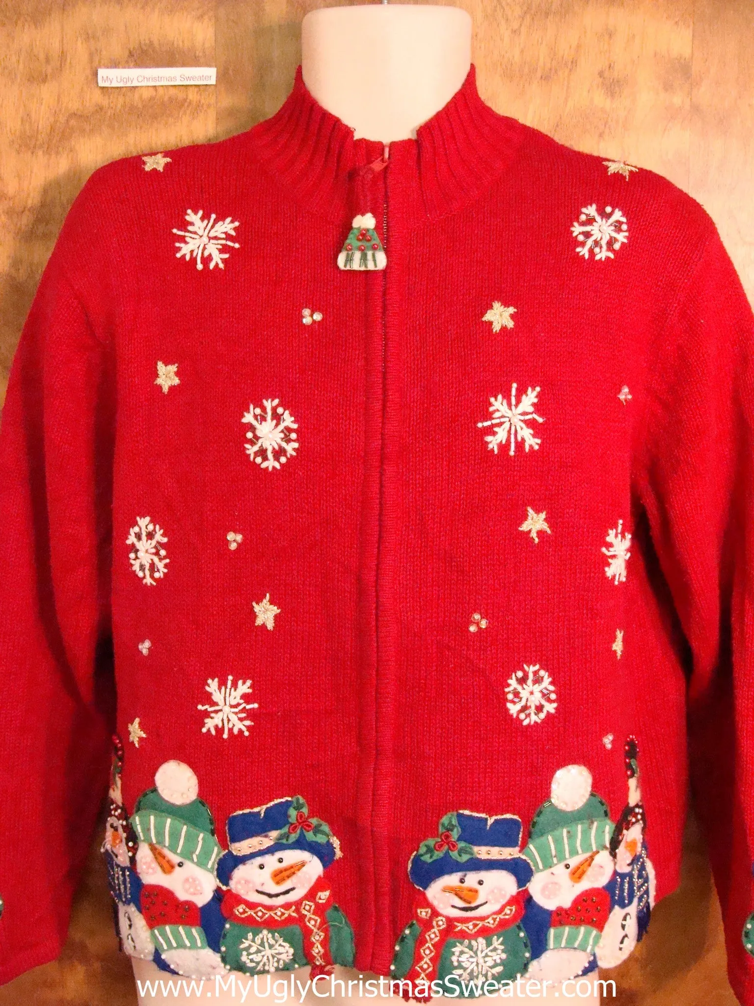 Cute Red Xmas Sweater with Colorful Snowmen