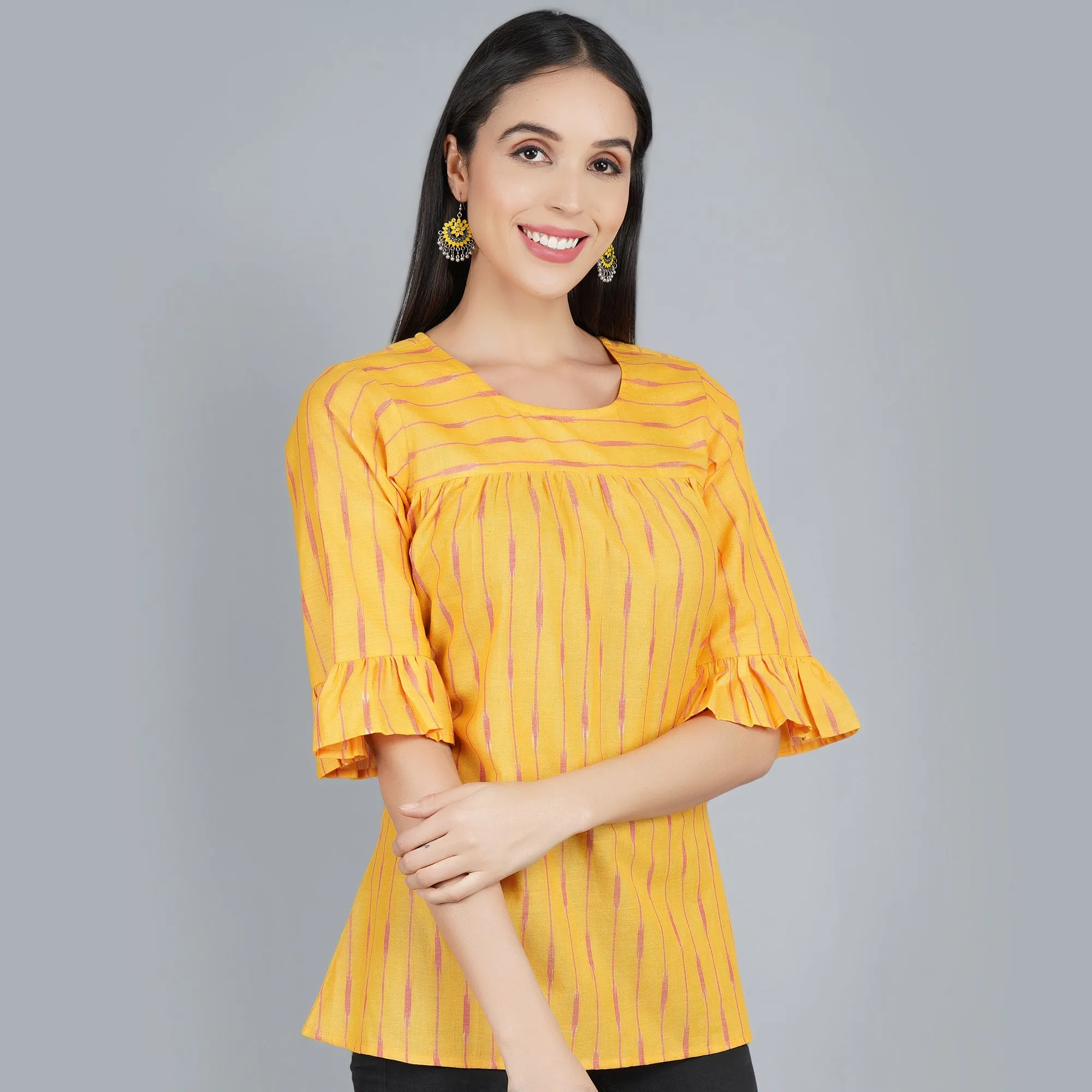 Darzaania Yellow Ikat Cotton Top