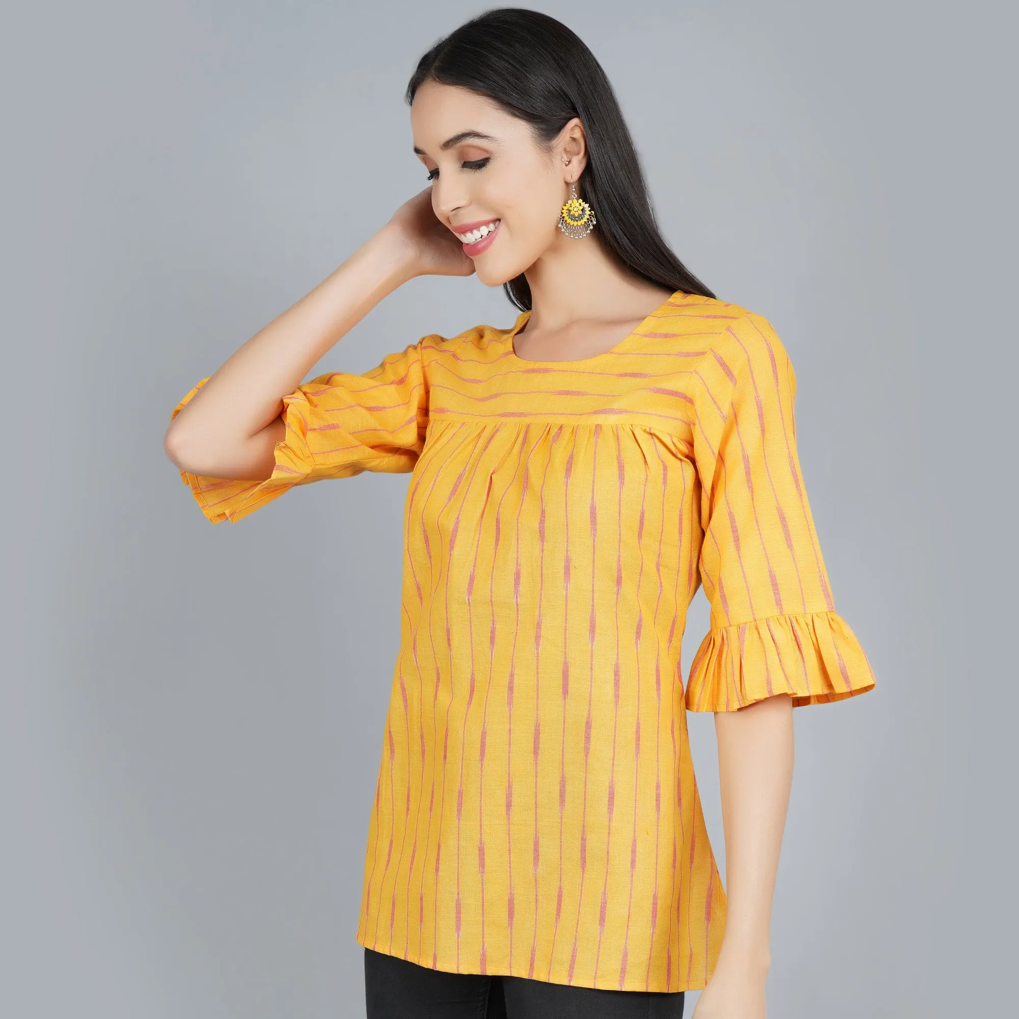 Darzaania Yellow Ikat Cotton Top