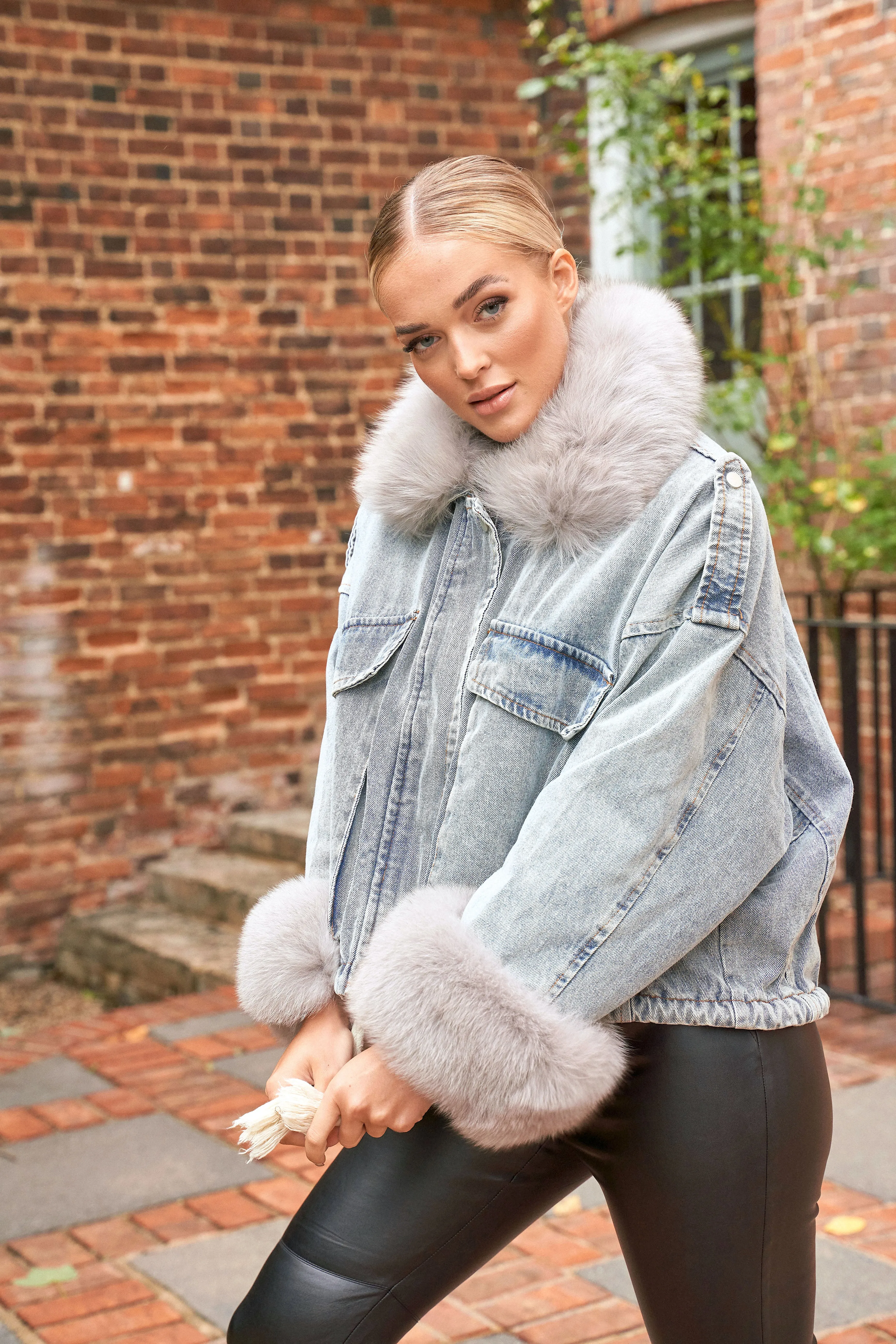 Denim Jacket With Grey Fox Collar and Cuffs