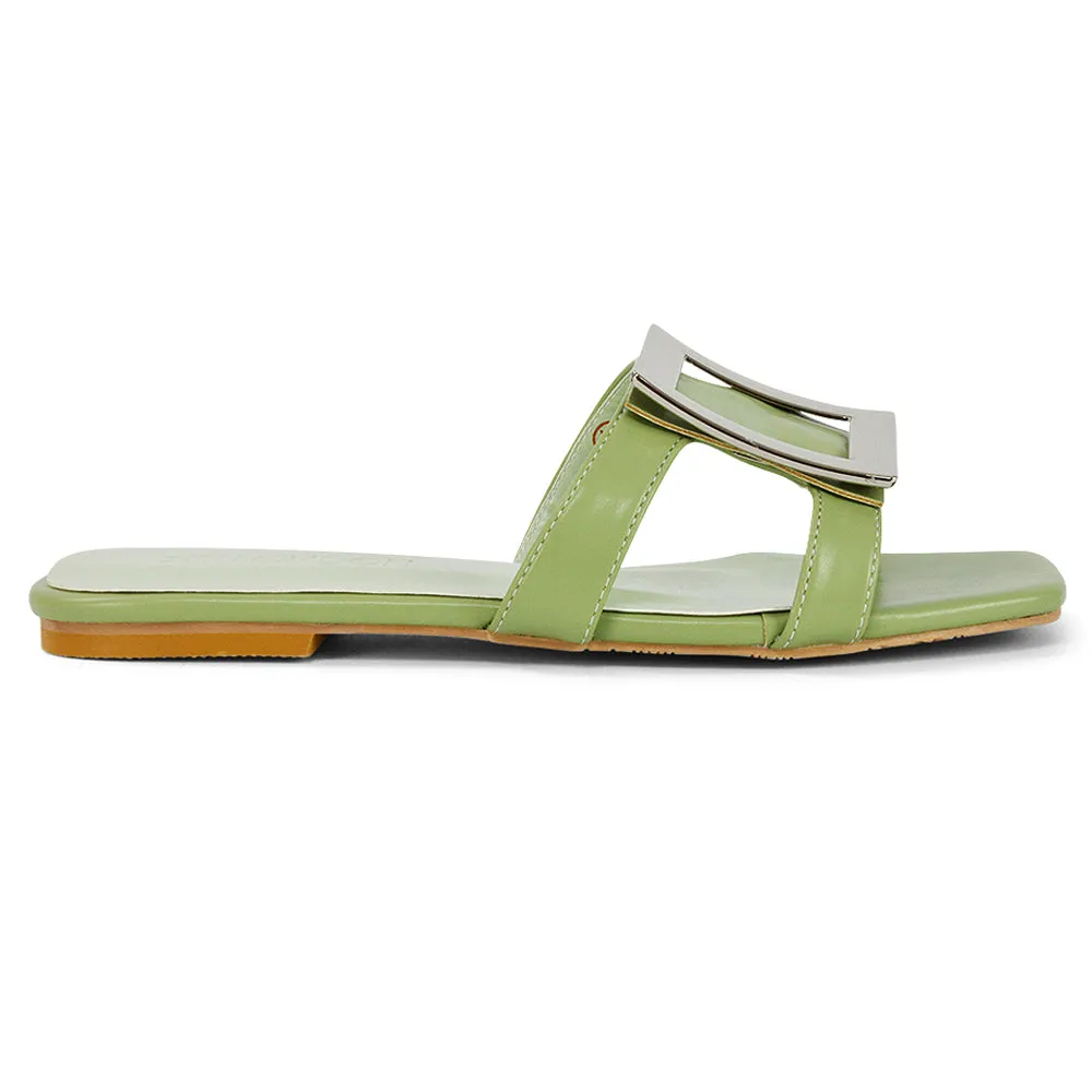 Dulce Cut Out Buckle Detail Strappy Square Toe Flat Slip on Sandal in Mint