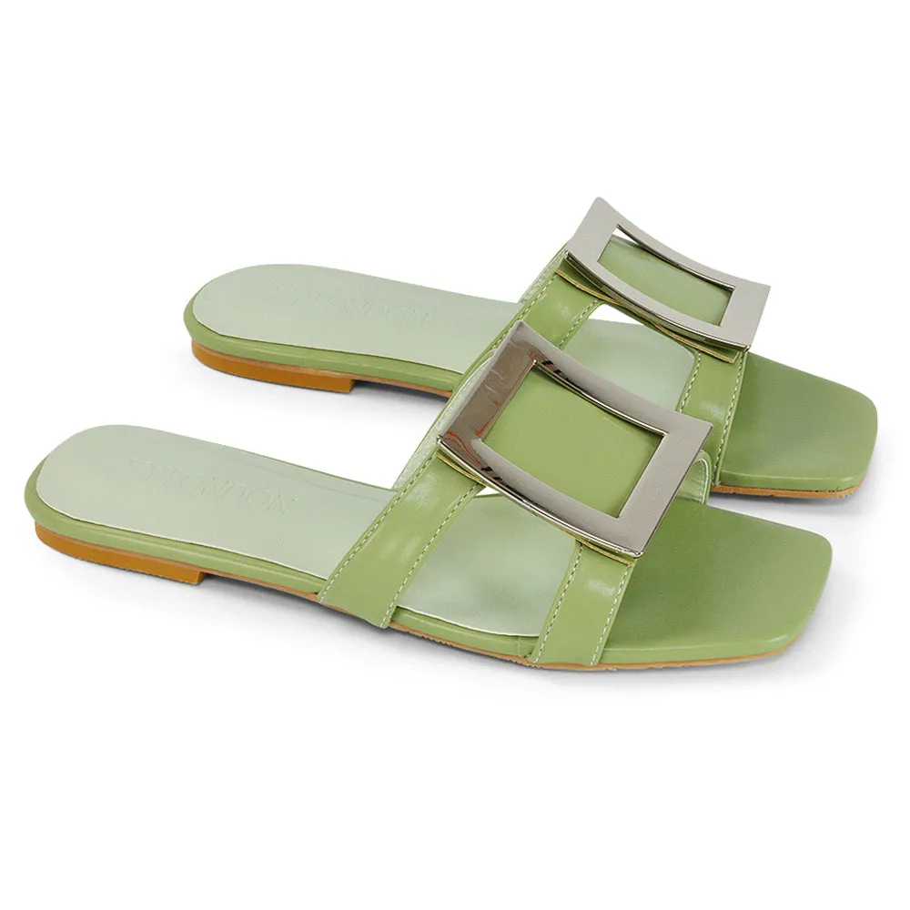 Dulce Cut Out Buckle Detail Strappy Square Toe Flat Slip on Sandal in Mint